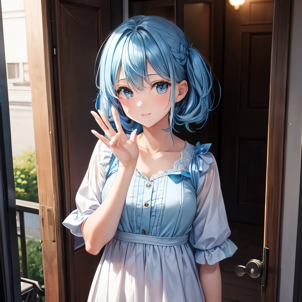 1girl, bluenette hair, light blue hair, next door girl, greeting, morning, waving