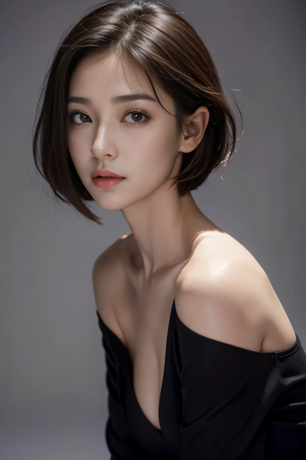 Tight black top:1.2, looking at the audience, light, perfect, soft light, High resolution skin:1.2, Realistic skin texture, 30 years old adult、small face、No makeup、, Off the shoulders,Bust B cup、 Naked trench, red eyes, short hair, dark brown hair,gray background、