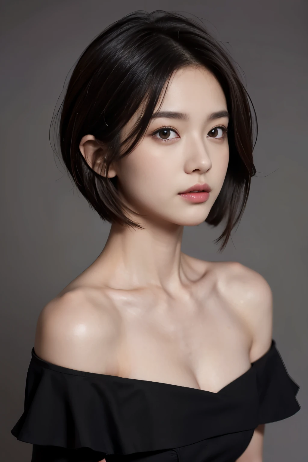 Tight black top:1.2, looking at the audience, light, perfect, soft light, High resolution skin:1.2, Realistic skin texture, 30 years old adult、small face、No makeup、, Off the shoulders,Bust B cup、 Naked trench, red eyes, short hair, dark brown hair,gray background、