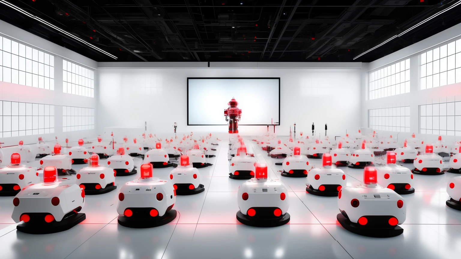 white future technology, white background, technology class, robot, a lot of people, red, 3d, magic, education