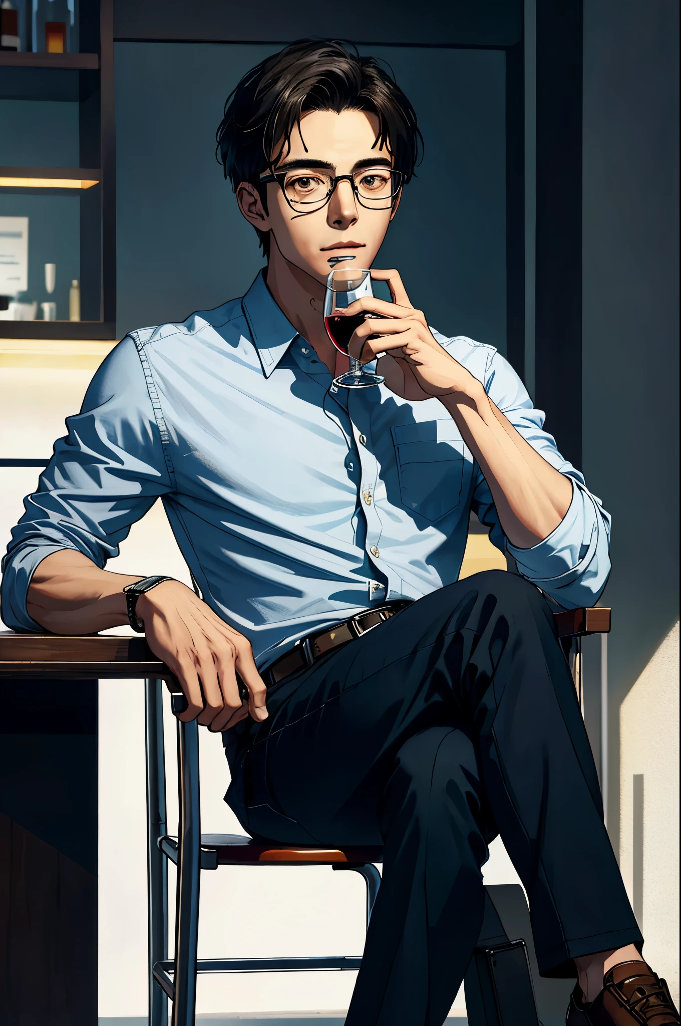 A young man drinking alcohol while feeling nostalgic,((glasses)), Wine Bar, Life-like accuracy while sitting in a chair,((Crossed legs)), K-drama, hyperrealistic pop, worm core, realistic, meticulous design , 32,000, best quality, masterpiece, super detail, high details