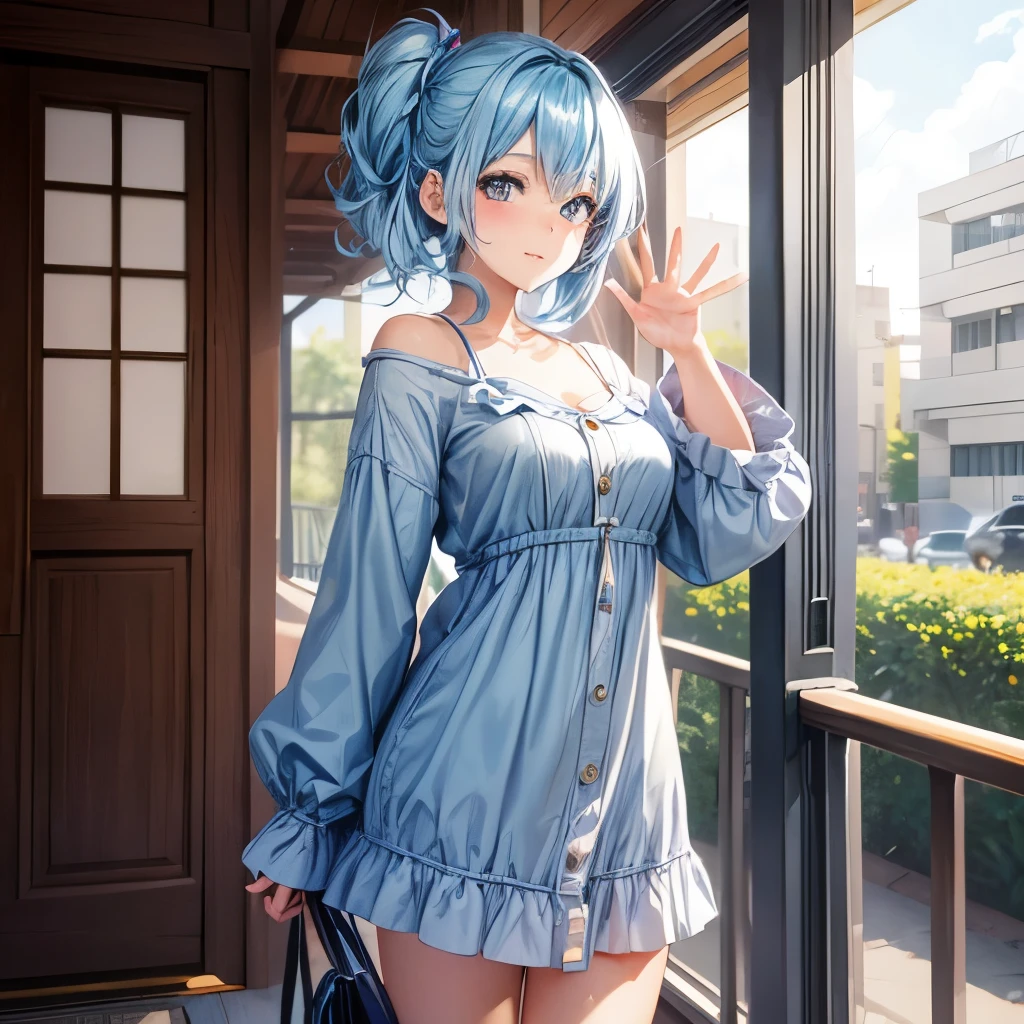 1girl, bluenette hair, light blue hair, next door girl, greeting, morning, waving