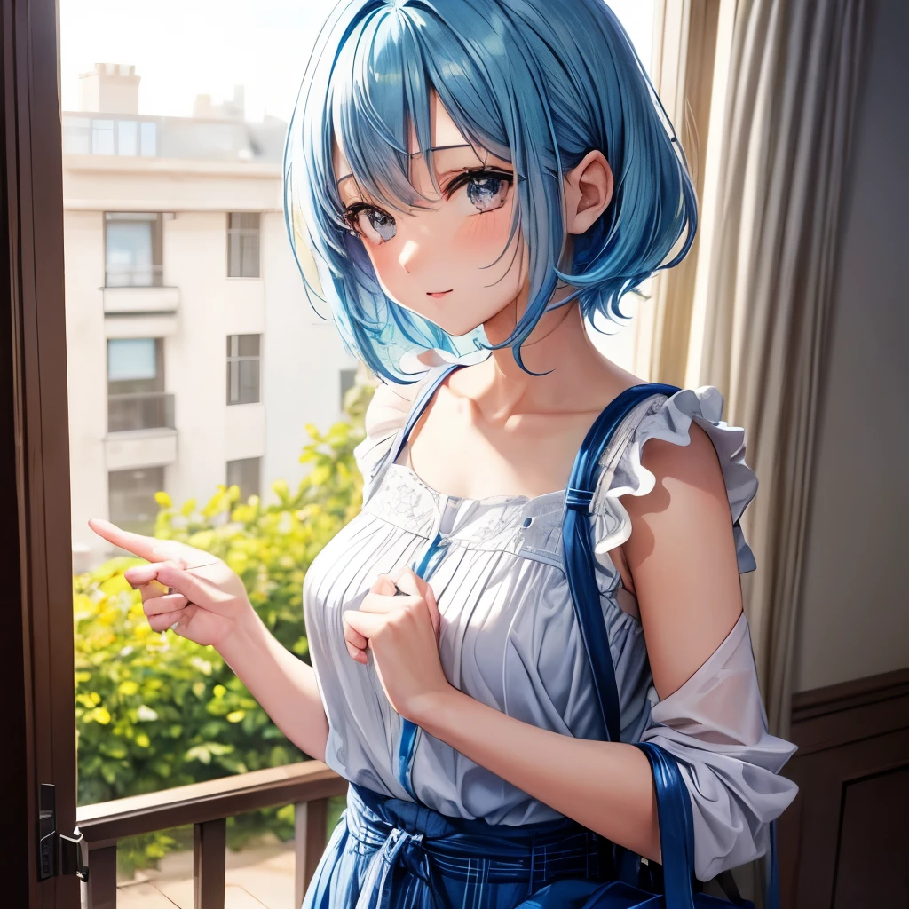 1girl, bluenette hair, light blue hair, next door girl, greeting, morning 