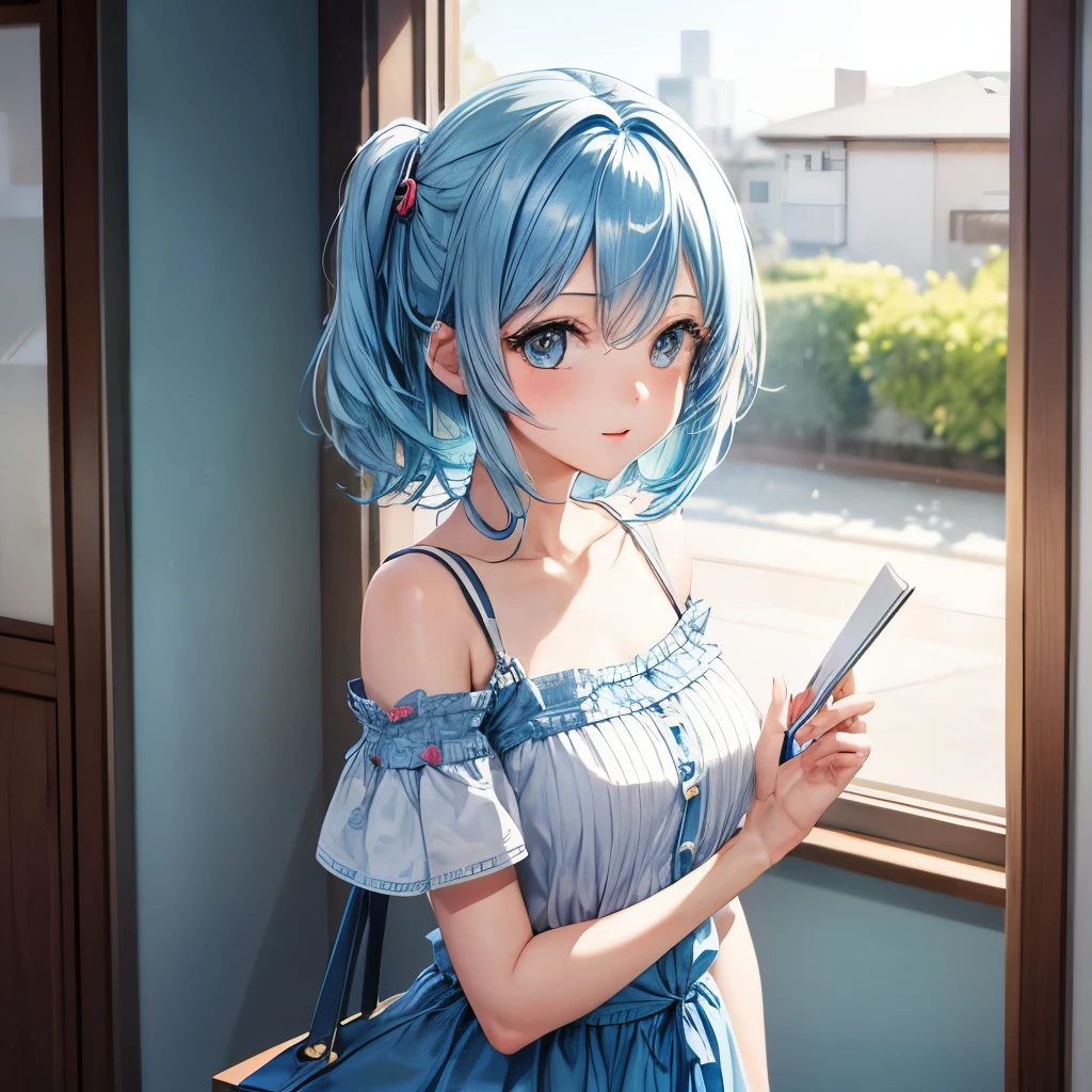 1girl, bluenette hair, light blue hair, next door girl, greeting, morning 