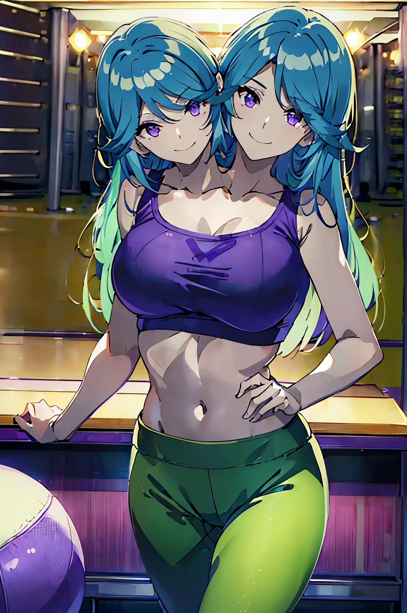 (2heads:1.5), AZURE hair,purple eyes,masterpiece, best quality, photorealistic, yujiasuit, yoga sports bra, yoga pants, 1girl, solo, , yoga ball, pants, looking at viewer, smile, green sports bra, simple background, , midriff, long hair, breasts, green pants, sportswear, tank top, upper body