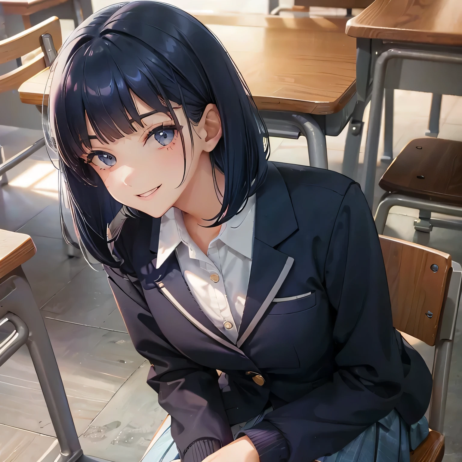 high school girl blazer bob hair dark blue hair color School Library smile gently sit on a chair
