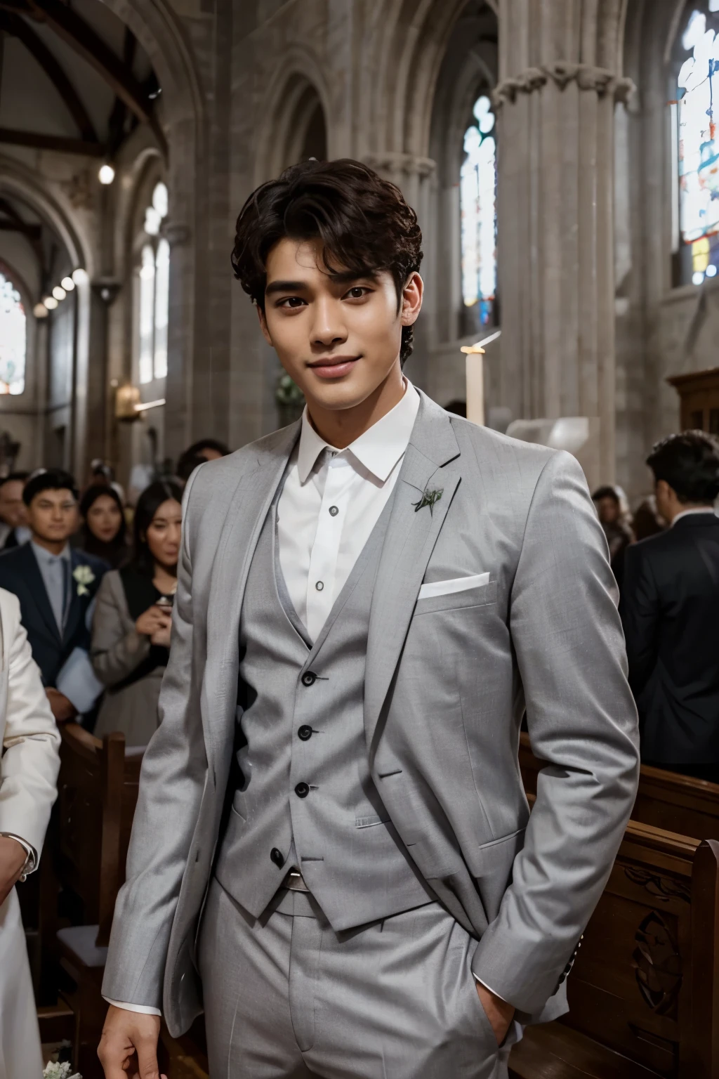 mix of cha eun woo and rowoon korean actor wavy short hair, standing, alone:1.2) , (he's wearing gray white suit for his wedding:1.3), (he's standing in the altar church waiting for his bride:1.3), he has (brown eyes, dark brown short curly hair:1.2), (he's smiling too much, facing straight to the person walking towards him:1.2), anime style, 16k, best quality, high details, textured skin, UHD, masterpiece, anatomically correct