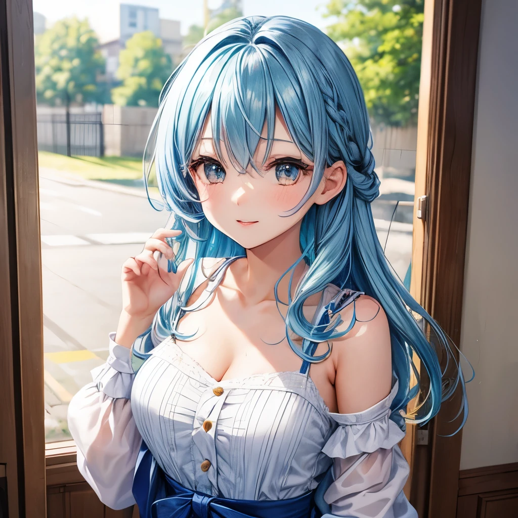 1girl, bluenette hair, light blue hair, next door girl, greeting, morning