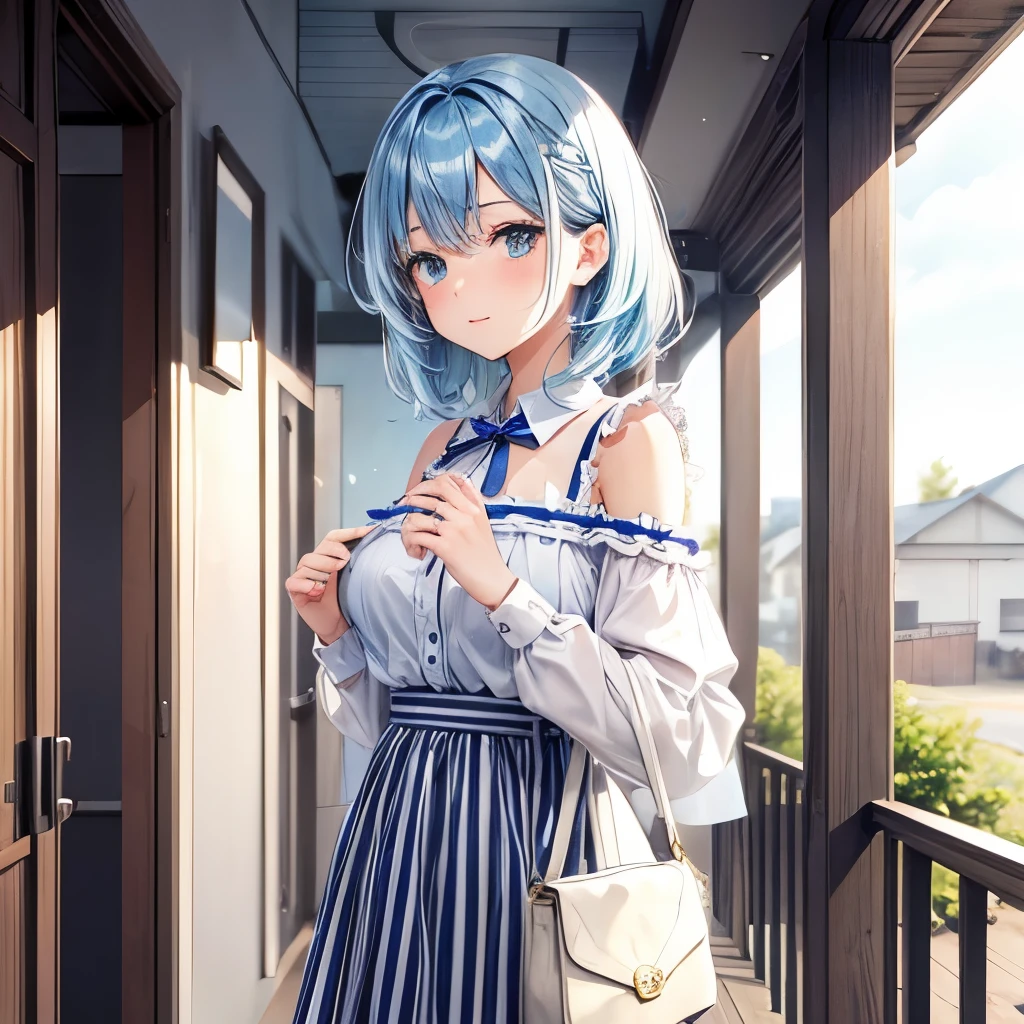 1girl, bluenette hair, light blue hair, next door girl, greeting, morning
