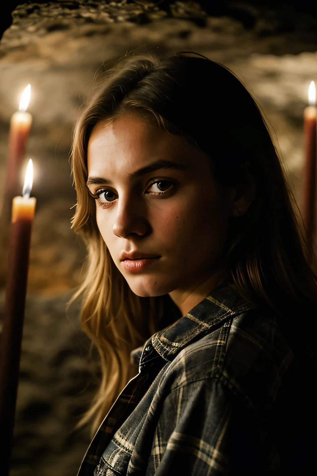 photo of a woman, (confused expression), textured skin, goosebumps, afro blonde hair, Plaid flannel shirt paired with distressed boyfriend jeans, cowboy shooting, dark and mysterious cave，Featuring unique rock formations and hidden wonders, perfect eyes, (candlelight,chiaroscuro), 160 color bracket, Shot with ARRI Alexa 65, Bokeh, Focus on topics, Photo by Don McCullin