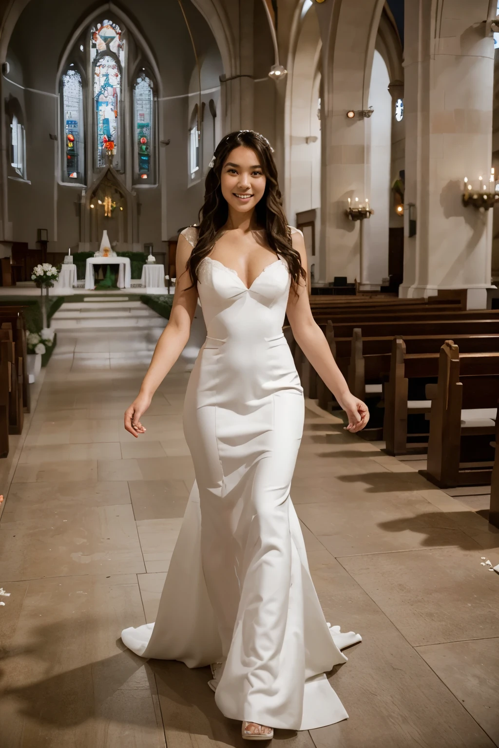 (Full body image:1.5), (half japanese half german ager, standing, alone:1.2) , (she's wearing a beautiful long mermaid design white wedding dress:1.3), (she's walking down the aisle inside the church on her wedding day:1.3), she has (brown eyes, dark brown a little long hair:1.2), (she's smiling a little, teary eyed, facing straight to the groom waiting in the church altar:1.2), anime style, 16k, best quality, high details, textured skin, UHD, masterpiece, anatomically correct