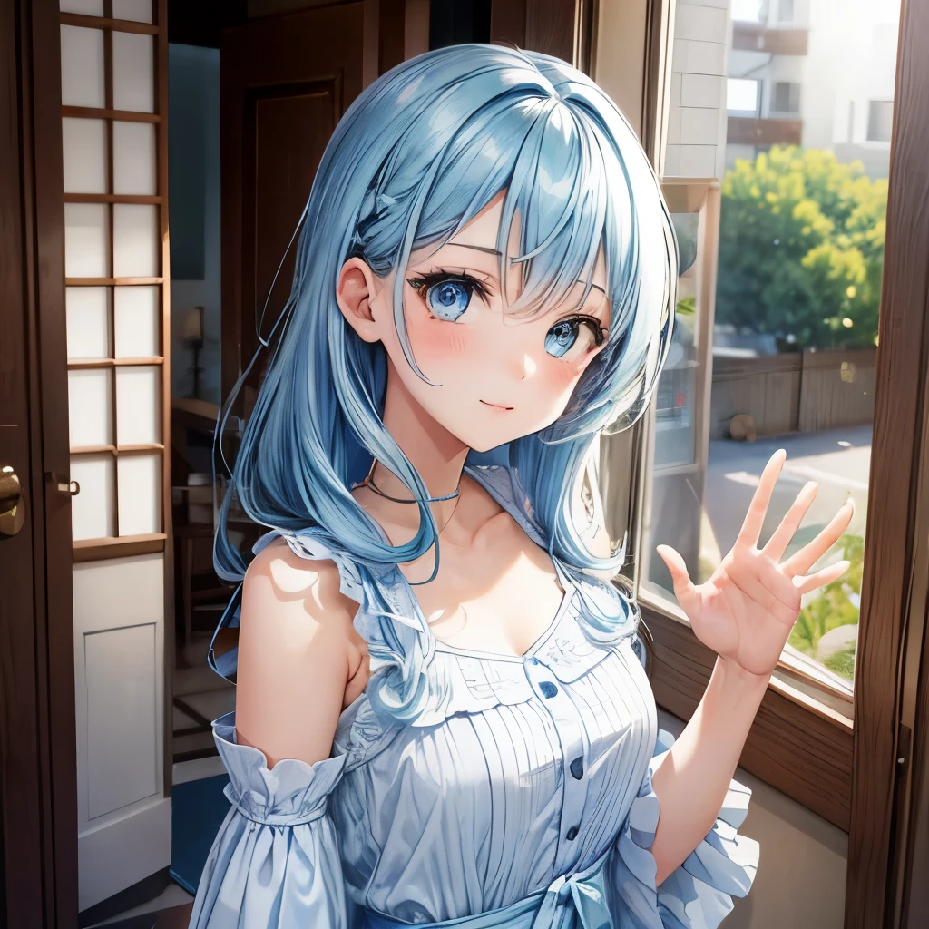 1girl, bluenette hair, light blue hair, next door girl, greeting, morning, waving, doorway