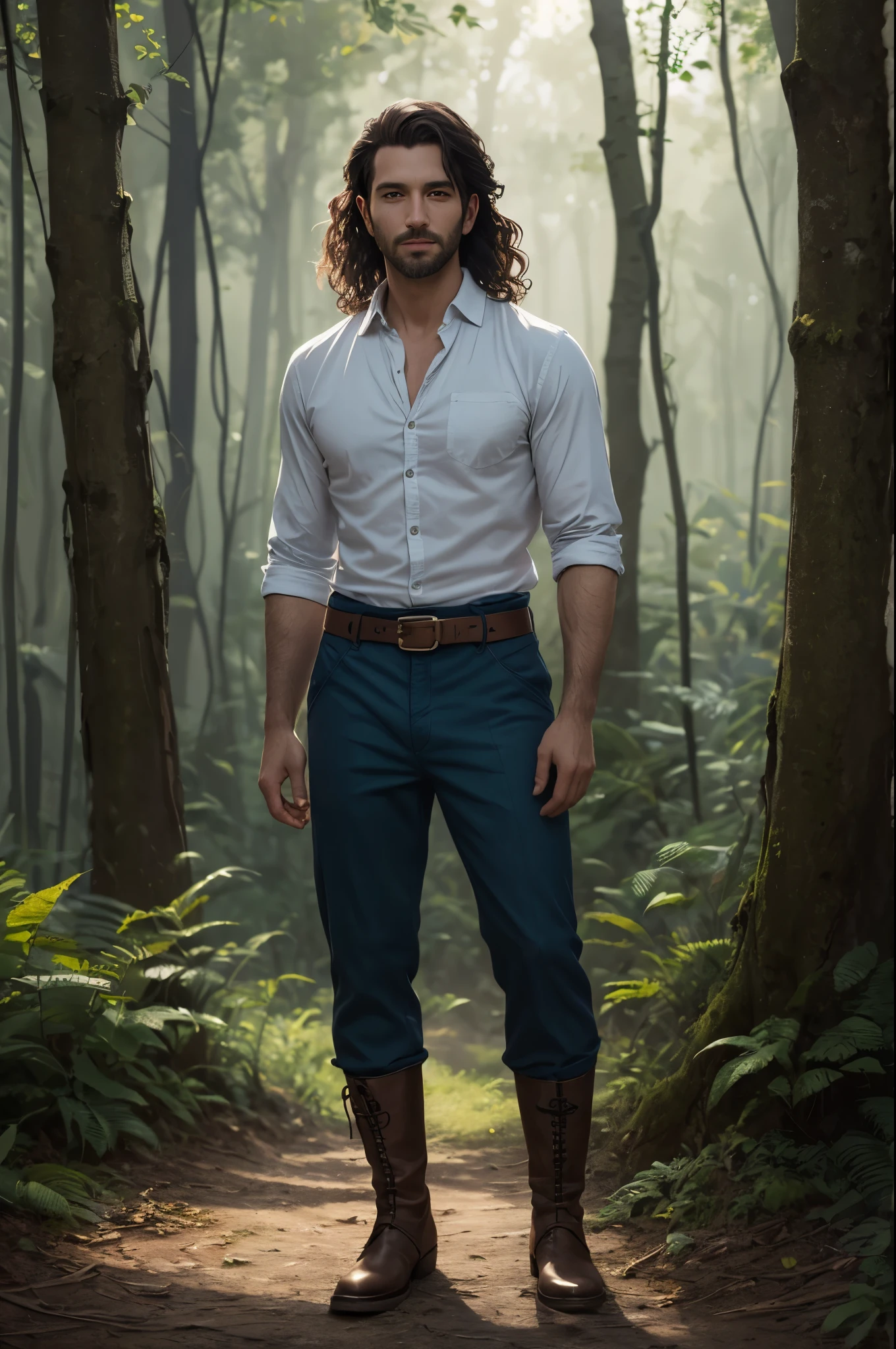 Halfling man, handsome, 30 years old, curly hair, (pointed ears), square face, ((full body)), stocky, tanned, beardless, colorful red and blue gypsy clothing, no shirt bare chest, pantaloons, short boots, in a green forest. looking at viewer, slight smile, watercolor illustration, dramatic lighting, (depth of field), ((masterpiece)), ((best quality)), ((highly detailed))