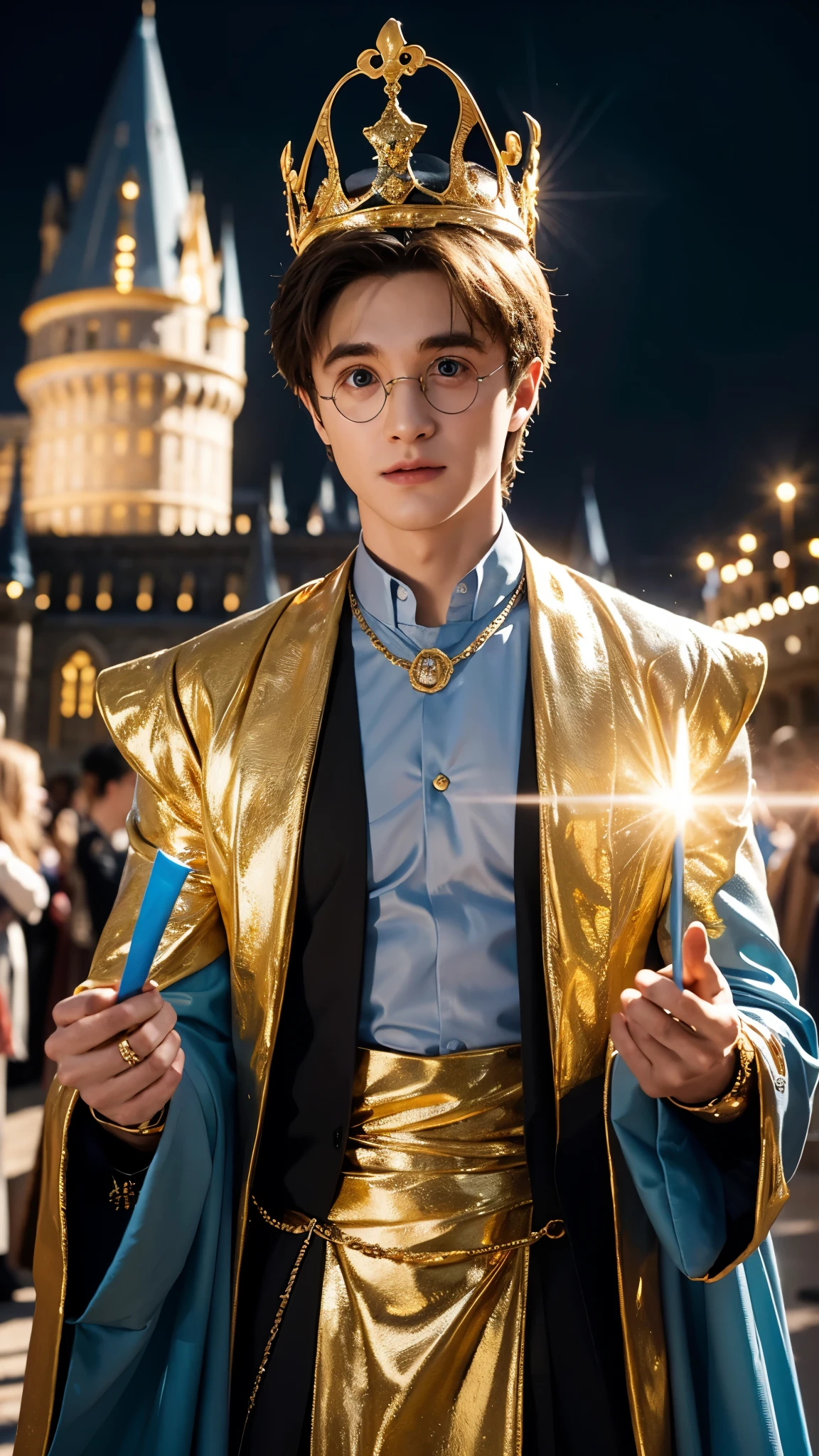 blue skin Harry Potter, muscular body, bare upper body, golden ornaments, flashy costume, Hogwarts in the background, golden king, golden emperor Harry Potter, painted in the center, crowd in the background, golden effect, golden magic, high quality,Harry Potter with golden skin, muscular body, bare upper bodyHarry Potter with golden skin, nothing on, naked, nothing on upper body, golden ornaments, flashy costume, Hogwarts in background, golden king, golden emperor Harry Potter, painted in the center, crowd in background, golden effect, golden magic, high quality, high definition