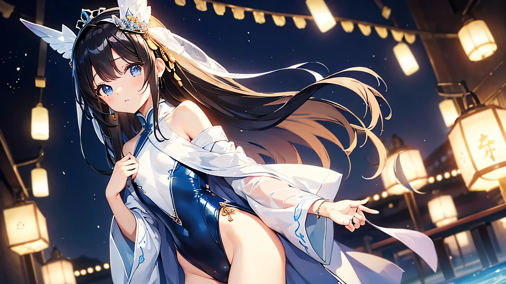 ((masterpiece:1.4、highest quality:1.2))、1 girl、focus only、delicate face、Highly detailed anime face and eyes、(blur the background:1.3、(conversion sequence)、((straight long hair))、I、I、12 year old girl、Japanese、、Chiquita、、black haired、((white and blue chinese leotard))、(High leg)、Tiara on the head、laughter、Are standing、facing the front、