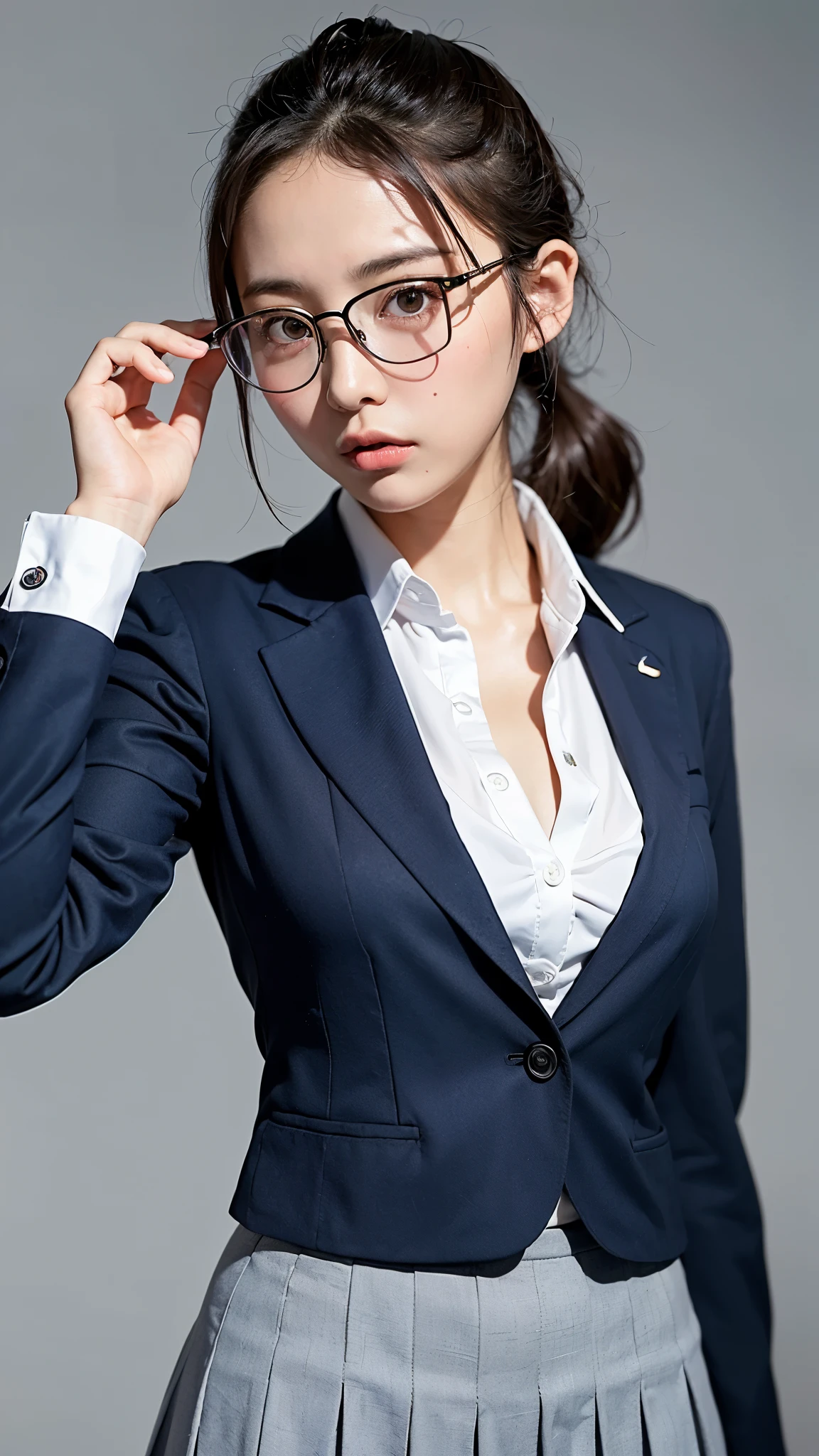 (highest quality、8k、32K、masterpiece、ticker:1.2)、photo of cute japanese woman、big and full breasts、low twintails、high school girl、、 only、mini skirt、blazer、Upper body、surface focus、((uniform))、simple background、、looking at the viewer、glasses,cleavage emphasis