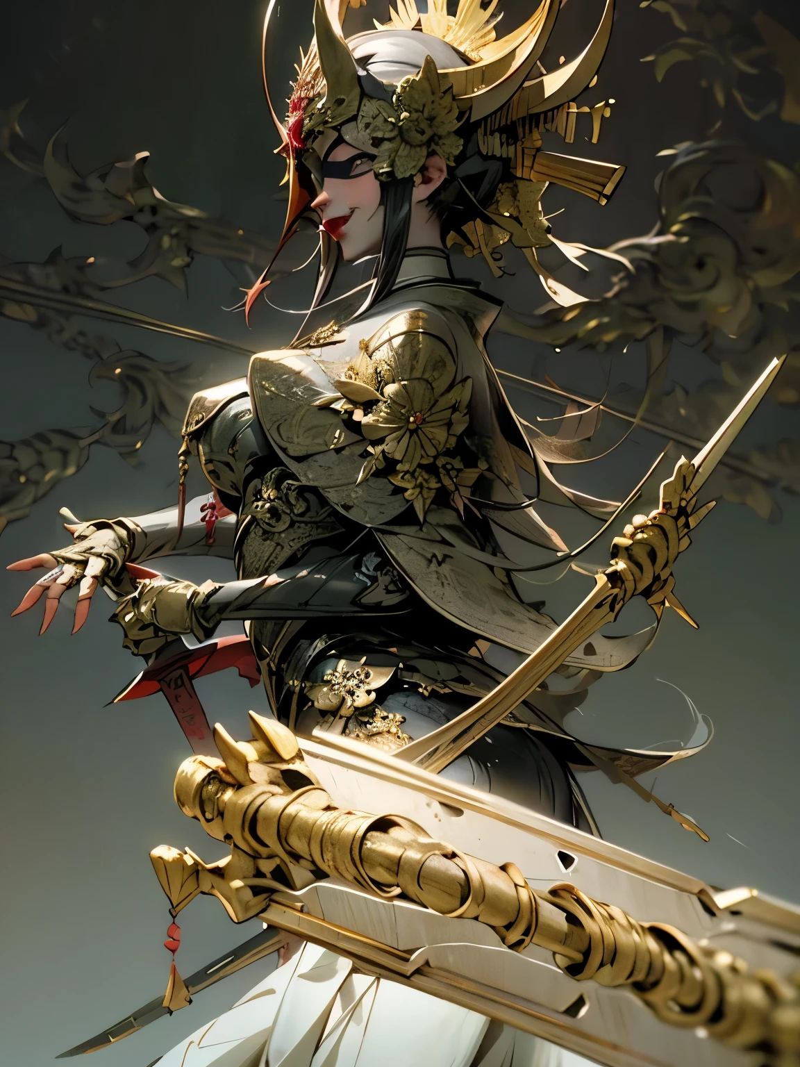there is a statue of a woman with a bow and a bow, by Yang J, epic exquisite character art, by Feng Zhu, by Yang Jin, guweiz, krenz cushart and wenjun lin, by Chen Jiru, guweiz masterpiece, feng zhu concept art, ornate korean polearm behind her, onmyoji detailed art, eye mask,