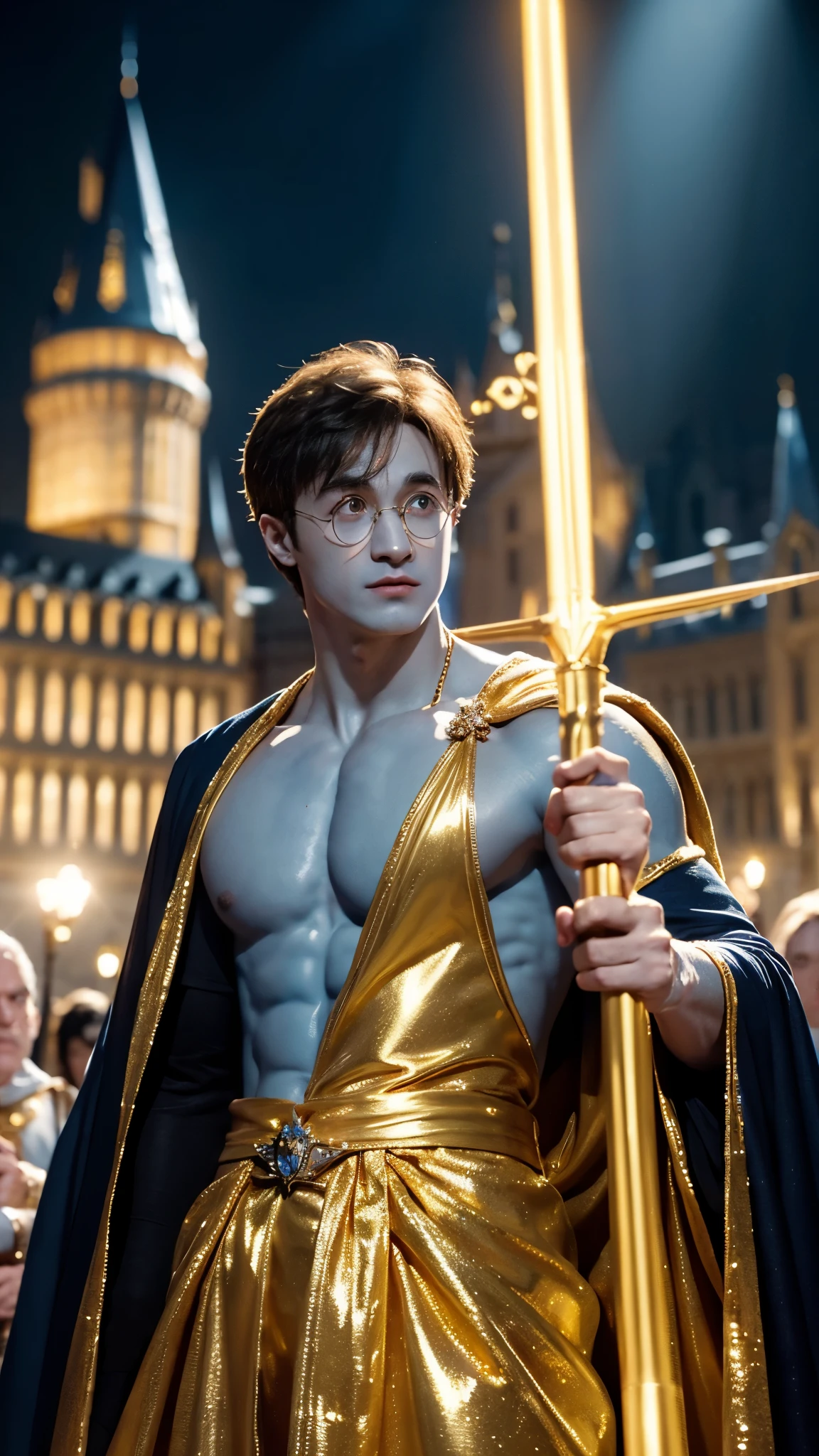 blue skin Harry Potter, muscular body, bare upper body, golden ornaments, flashy costume, Hogwarts in the background, golden king, golden emperor Harry Potter, painted in the center, crowd in the background, golden effect, golden magic, high quality,Harry Potter with golden skin, muscular body, bare upper bodyHarry Potter with golden skin, nothing on, naked, nothing on upper body, golden ornaments, flashy costume, Hogwarts in background, golden king, golden emperor Harry Potter, painted in the center, crowd in background, golden effect, golden magic, high quality, high definition