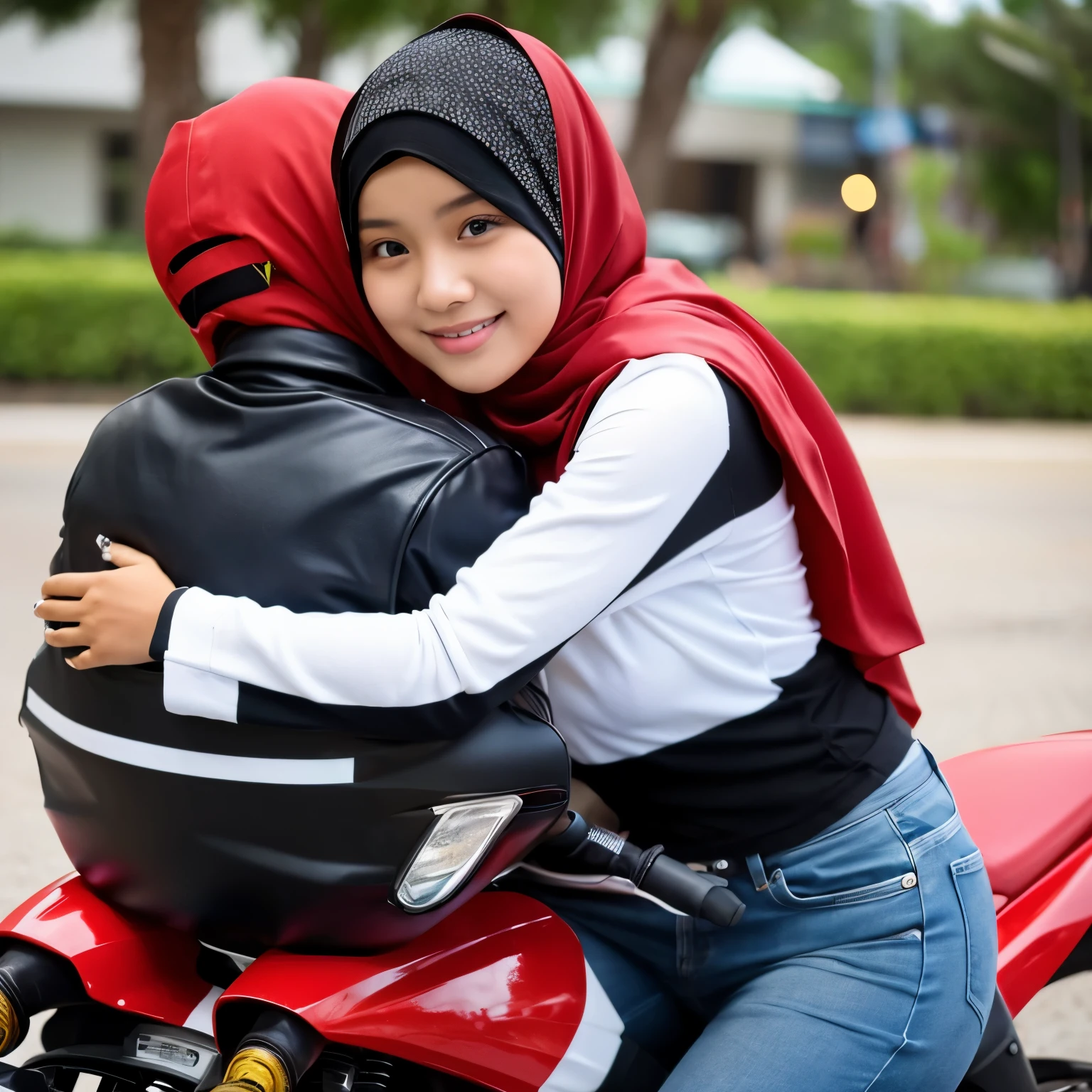 young Indonesian woman, wearing a hijab, has a sexy body, sitting on a motorbike, hugging a man