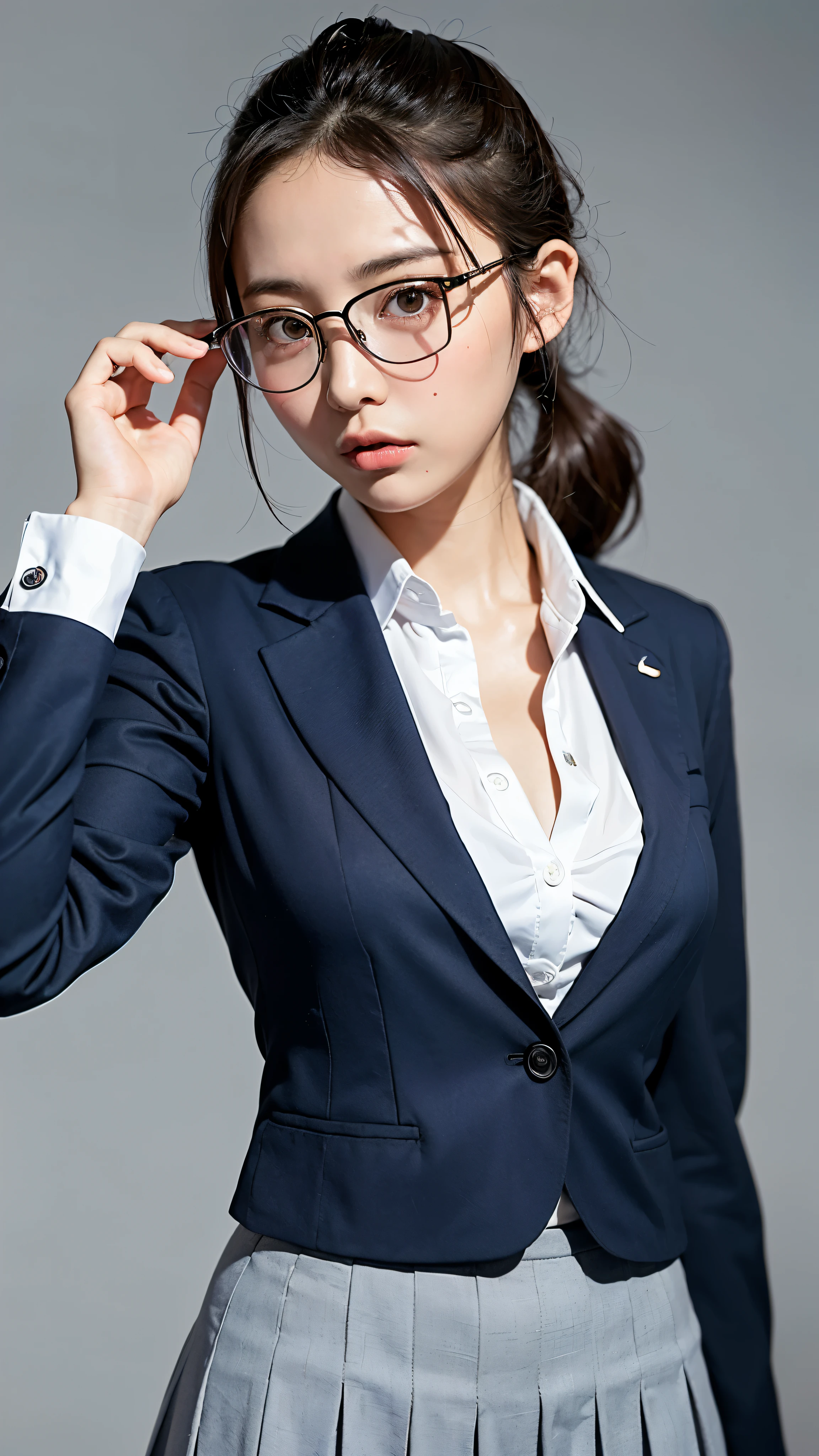 (highest quality、8k、32K、masterpiece、ticker:1.2)、photo of cute japanese woman、big and full breasts、low twin tails、high school girl、、13 only、mini skirt、blazer、Upper body、surface focus、((uniform))、simple background、、looking at the viewer、Glasses,cleavage emphasis