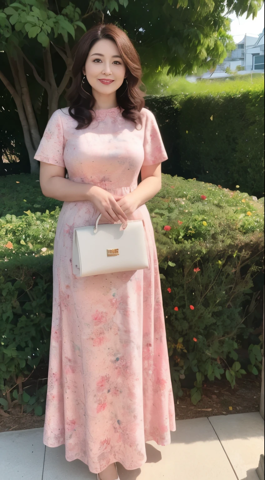 ((top quality、8k、masterpiece:1.3))、sharp focus, High level of image quality, high resolution,,Wear floral pink round neck dress,short sleeve,wavy long hair,37-year-old female,Mature,charming smile,Draw lips correctly, red lipstick,garden background,stand,Slightly fat,medium chest,full-body shot