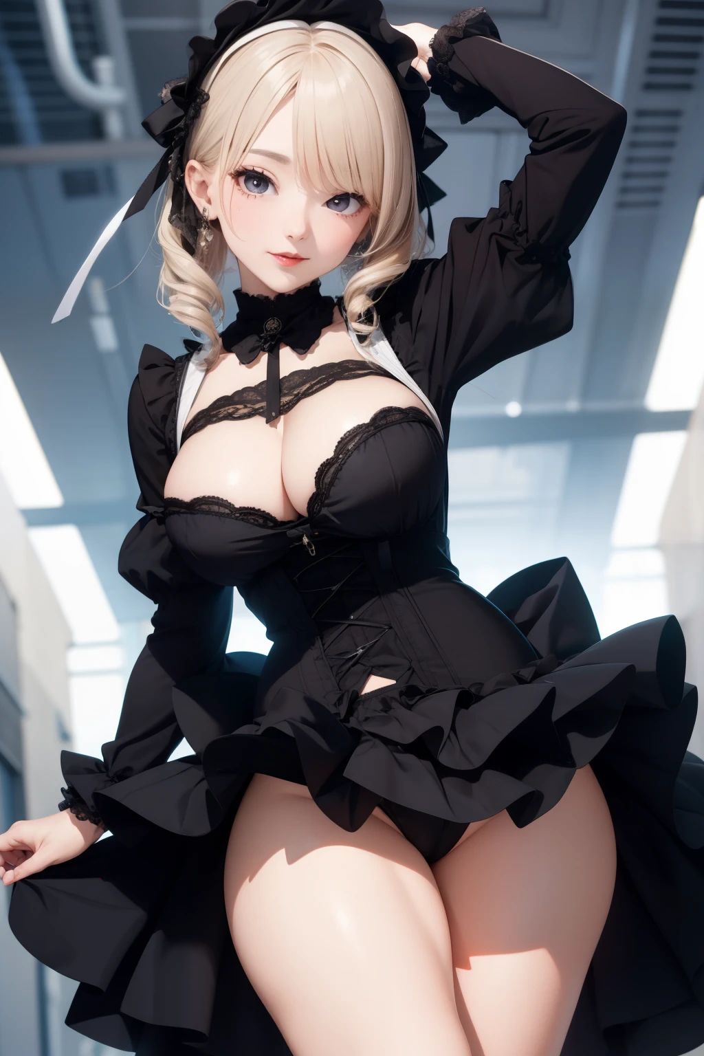 A woman wearing Gothic ta clothes, cute, sexy, voluptuous, thighs, flashy flared skirt,