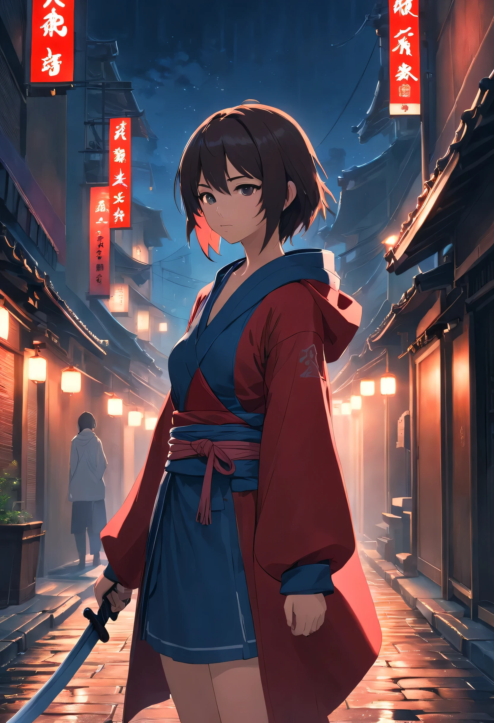 Au'ra,Final Fantasy 14,ninja girl,full body,skinny,tattered clothing,(best quality,4k,8k,highres,masterpiece:1.2),ultra-detailed,(realistic,photorealistic,photo-realistic:1.37),illustration,dark fantasy,sharp focus,extremely detailed eyes and face,long eyelashes,fierce expression,hooded cloak,exquisite katana,dynamic pose,moonlit night,dimly lit alleyway,subtle fog,mysterious aura,cobblestone street,splashes of red accent color,backlit silhouette,calm yet intense atmosphere,glowing magical symbols,ethereal beauty,dramatic lighting,subtle shadows.