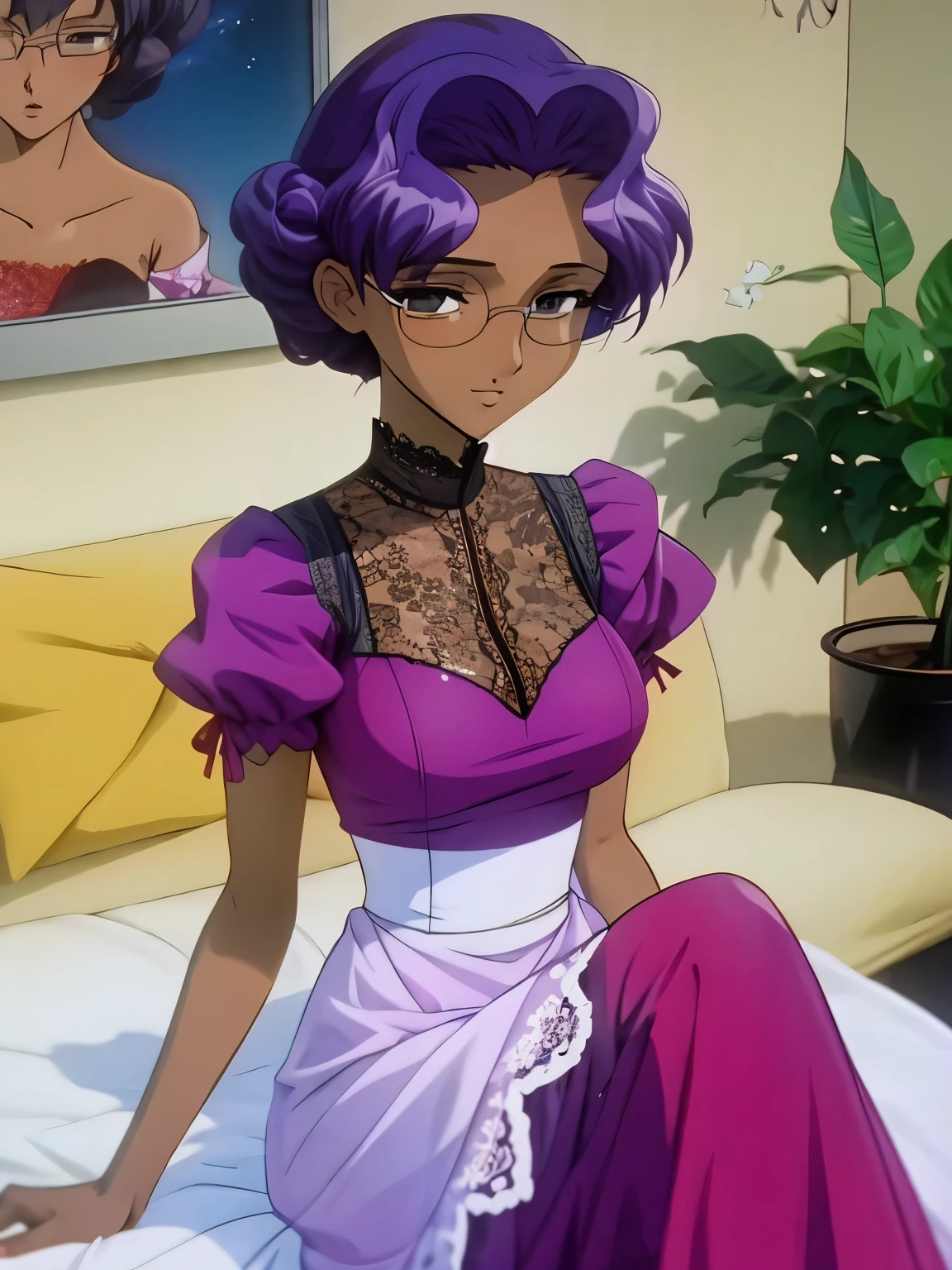 (masterpiece, best quality:1.2), Anki Himemiya,1 girl, alone,Eyes are exquisite and exquisite，Delicate purple hair color，short hair( Wearing a long red lace dress:1.2)，Sitting on the sofa，too big,glowing skin，（（Black skin）），wear glasses（（（shy expression）））blush