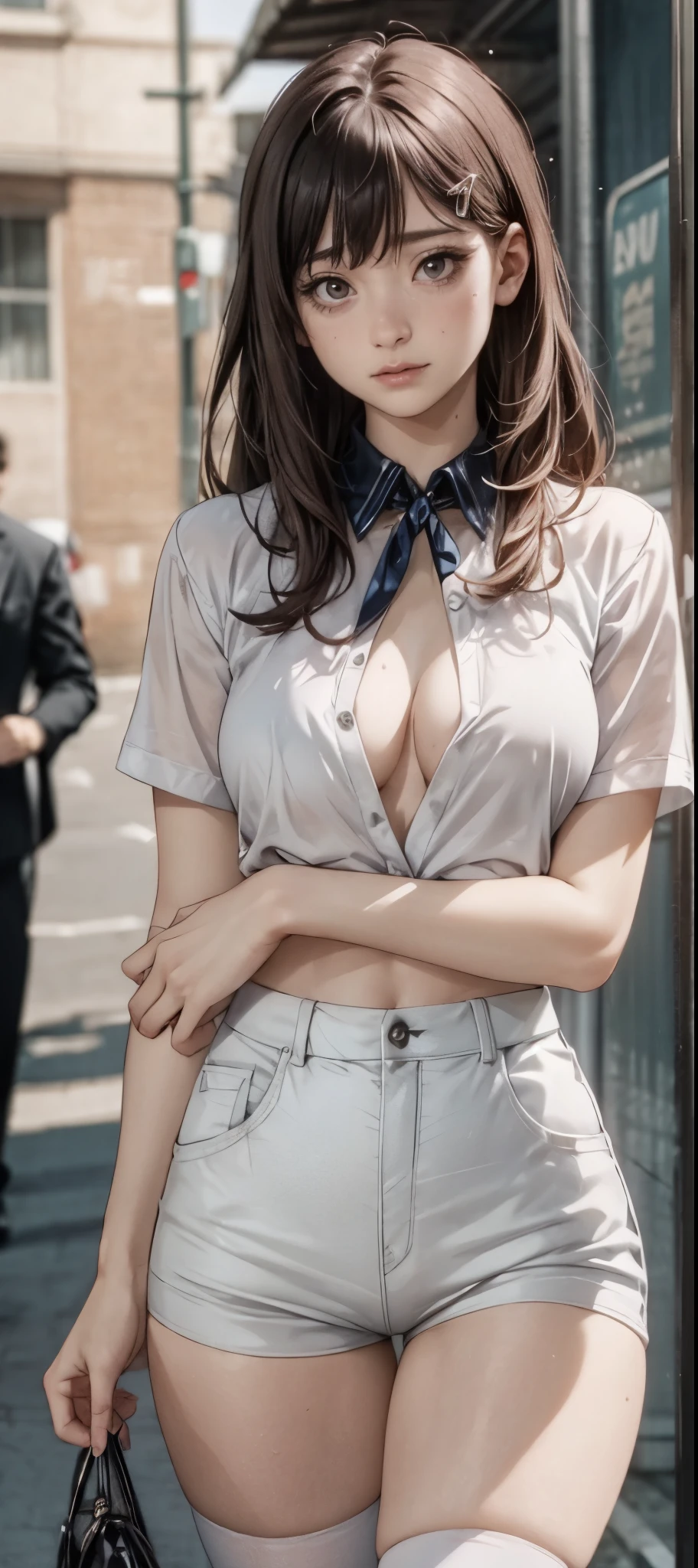 girl in summer clothes, white blouse, light blue shorts, pantyhose or long stockings, making like she wants to kiss you, view from viewer, medium breasts, cleavage, random background, flirtatious look, ((very detailed)), (perfectly detailed face), (well detailed hand) photorealistic image, ahegao