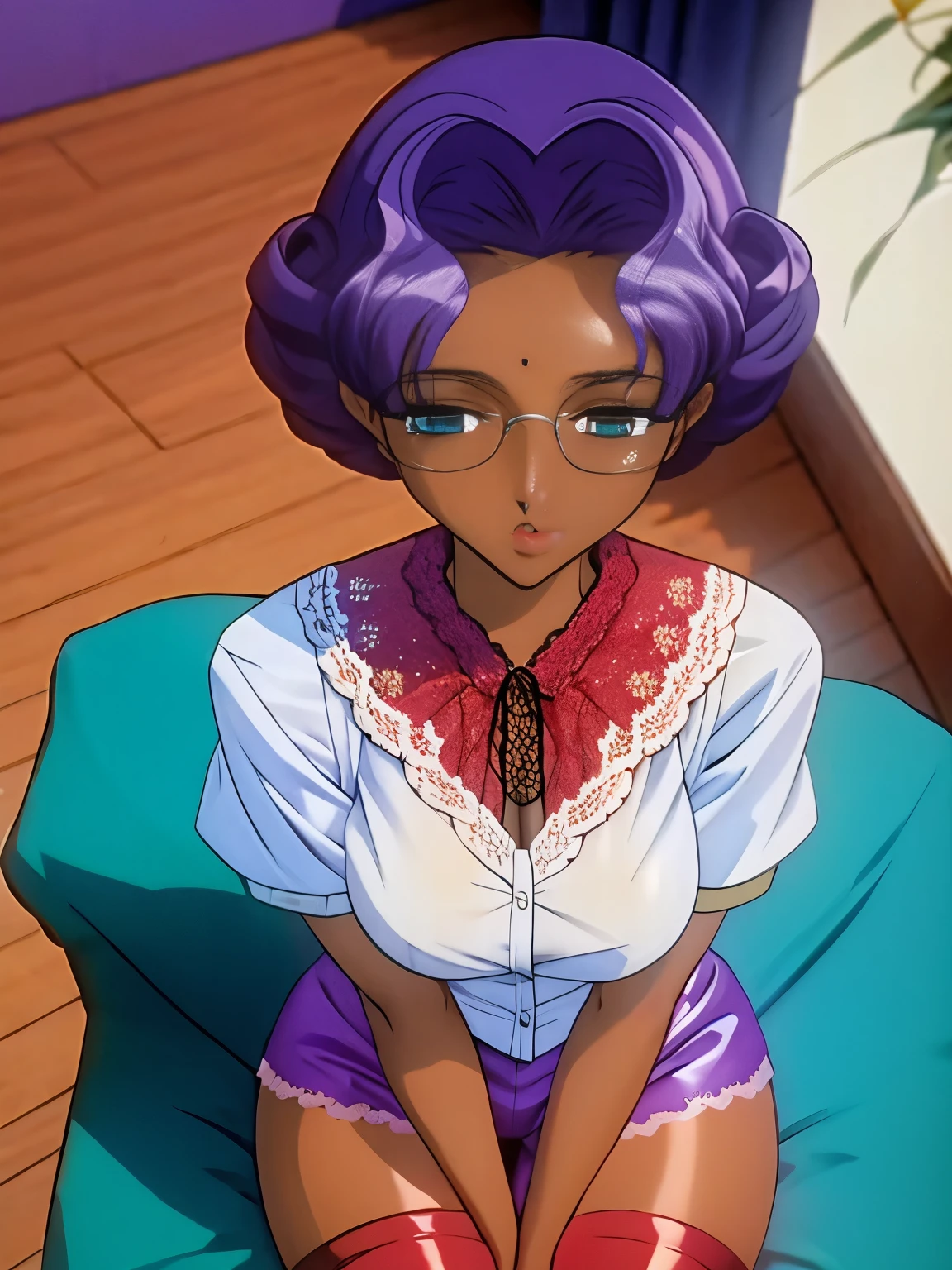 (masterpiece, best quality:1.2), Anki Himemiya,1 girl, alone,Eyes are exquisite and exquisite，Delicate purple hair color，short hair( Wearing red lace tights:1.2)，Sitting on the sofa，too big,glowing skin，（（Black skin）），wear glasses（（（shy expression）））blush