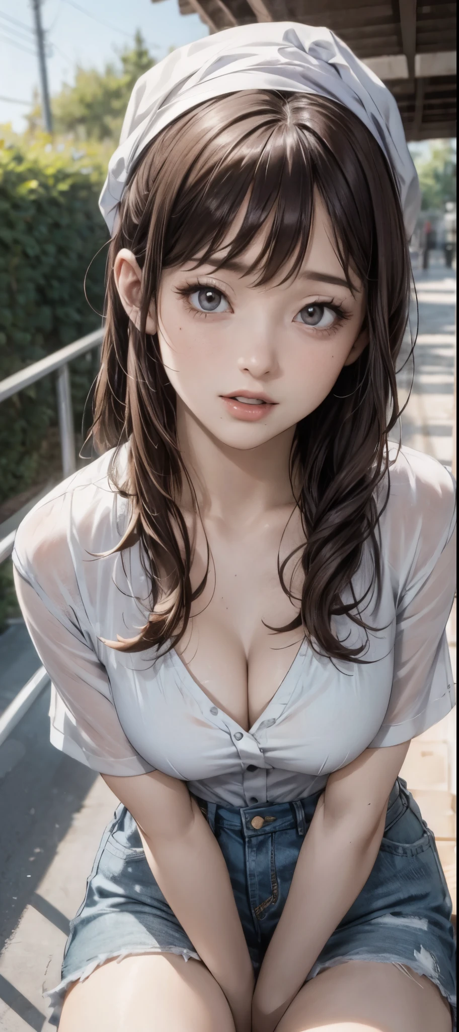 girl in summer clothes, white blouse, light blue shorts, pantyhose or long stockings, making like she wants to kiss you, view from viewer, medium breasts, cleavage, random background, flirtatious look, ((very detailed)), (perfectly detailed face), (well detailed hand) photorealistic image, ahegao