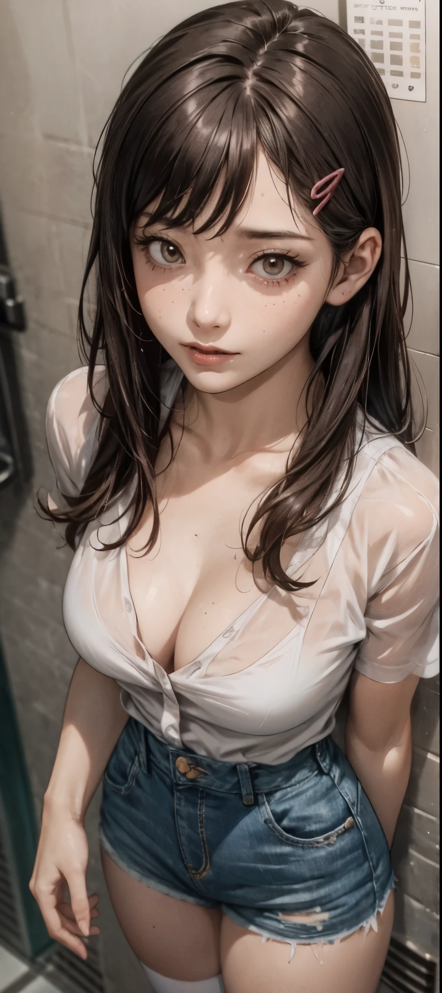 girl in summer clothes, white blouse, light blue shorts, pantyhose or long stockings, making like she wants to kiss you, view from viewer, medium breasts, cleavage, random background, flirtatious look, ((very detailed)), (perfectly detailed face), (well detailed hand) photorealistic image, ahegao