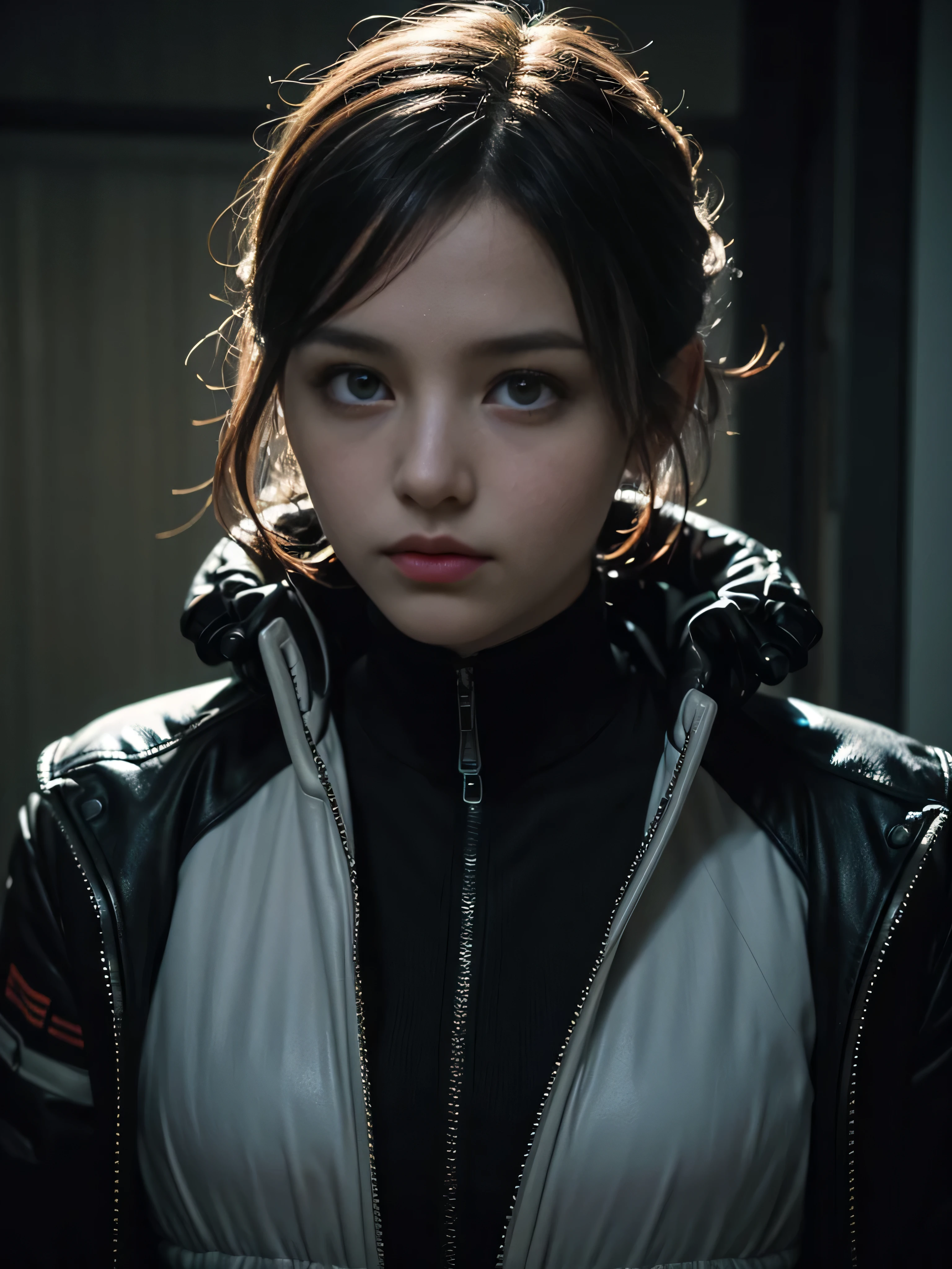 portrait ung woman ,science fiction, complex background punk, mad max , futuristic, post-apocalyptic, dark, dim light, ((masterpiece, best quality, )),