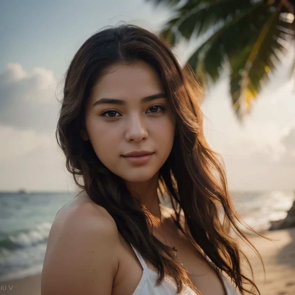 (RAW photo:1.2), (photorealistic:1.4),(masterpiece:1.3),(best quality:1.4),ultra high res,HDR,8k, (extreme detailed illustration), 1 girl, detailed beautiful face, young girl, long curl hair,smile,solo, look at viewer,clear background, on the beach, depth of field, natural lighting,(see-through silhouette),ulzzang-6500-v1.1:0.7