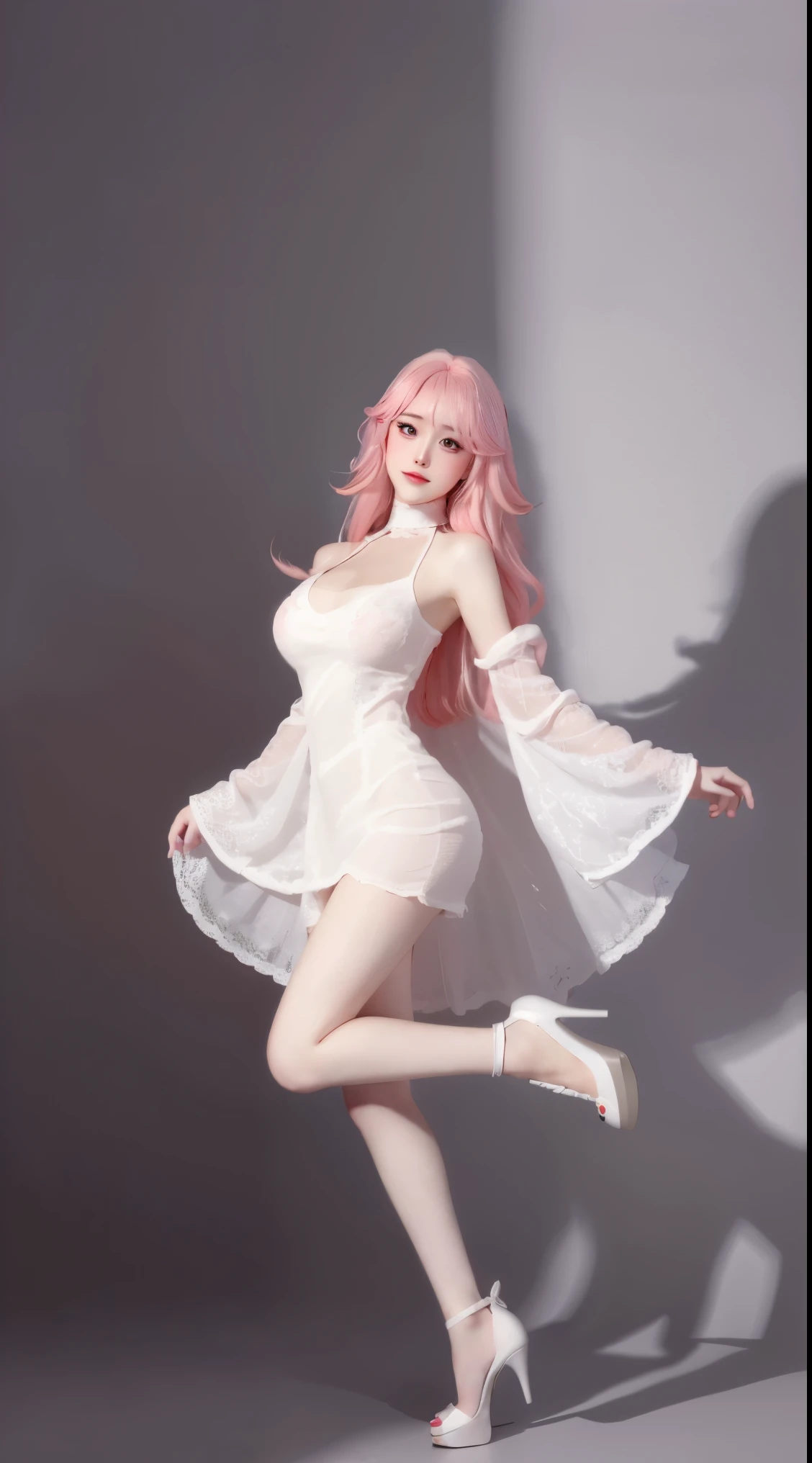 8k, Surreal, masterpiece, best quality, Super detailed, high resolution, random background, 1個Giant Breast Girl, (:1.5), Willow Yao, white dress,translucent,whole body,High heel白色透明婚纱,High heel,whole body,pink hair