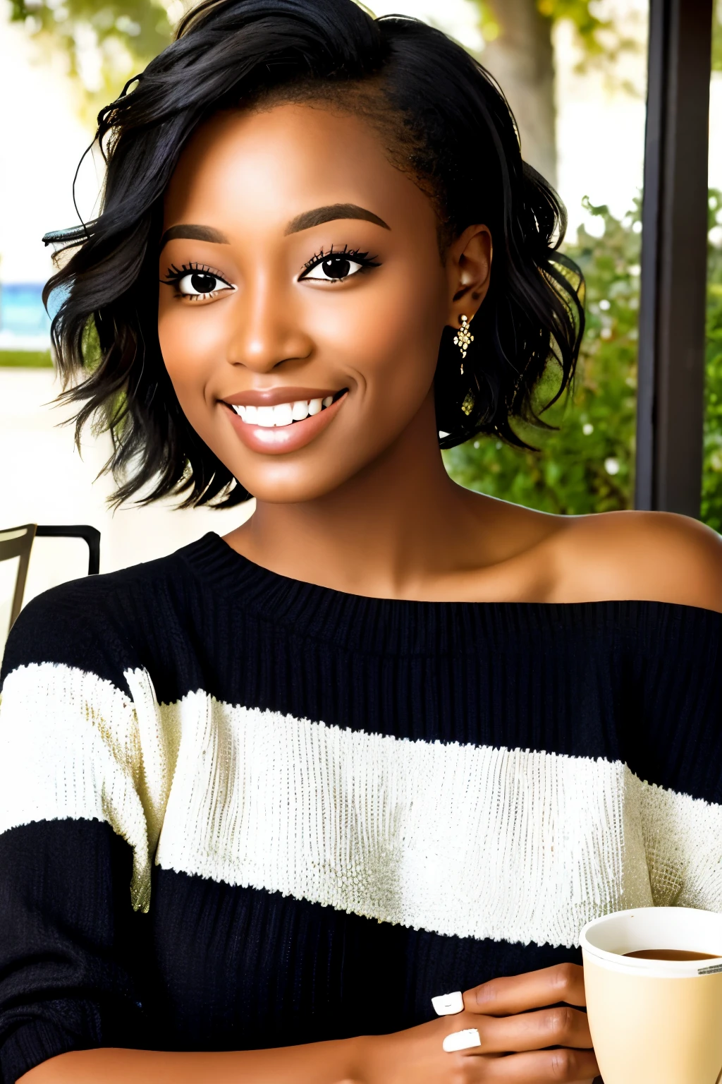 pleasing eyes, (relaxing mouth:1.2), (smiling mouth:0.1), looking straight, a 25 year old (black:1.2) woman, short salon hair, wearing an off-shoulder sweater, closeup portrait, in a outdoor cafe in 2015, afternoon light, miss usa