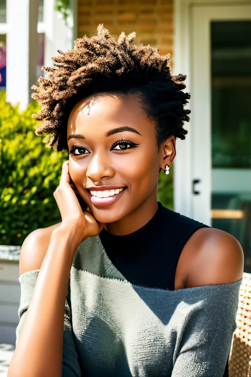 pleasing eyes, (relaxing mouth:1.2), (smiling mouth:0.1), looking straight, a 25 year old (black:1.2) woman, short salon hair, wearing an off-shoulder sweater, closeup portrait, in a outdoor cafe in 2015, afternoon light, miss usa