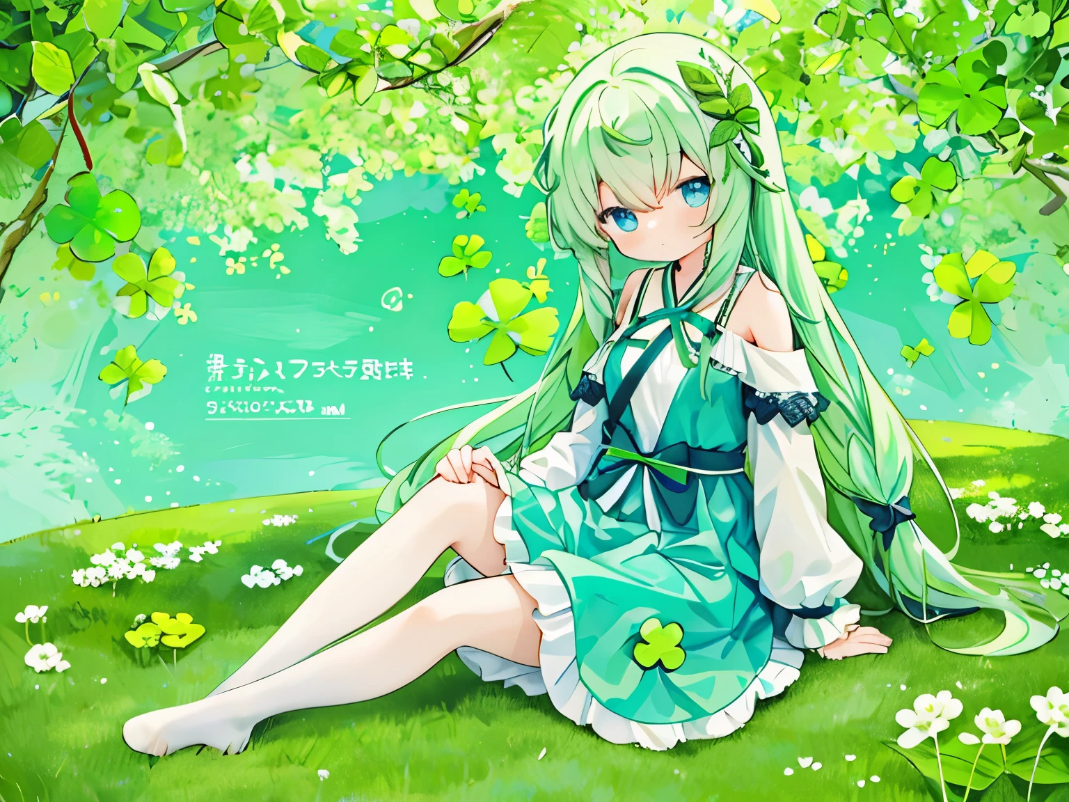 mint image、Mint color、white dress、yellow green and green ribbon、four leaf clover、beautiful dress、ribbon around the waist、four leaf cloverのようなリボン、hair ornaments、装飾の多いhair ornaments、Single braid、put hair on shoulders、blue eyes、jewel eyes、Depth of the bounds written、grassland、four leaf cloverが散る、white clover、girl、detailed、beautiful composition、Wind、hair ribbon、cute、smile、culotte dress、sitting composition、Barentheses