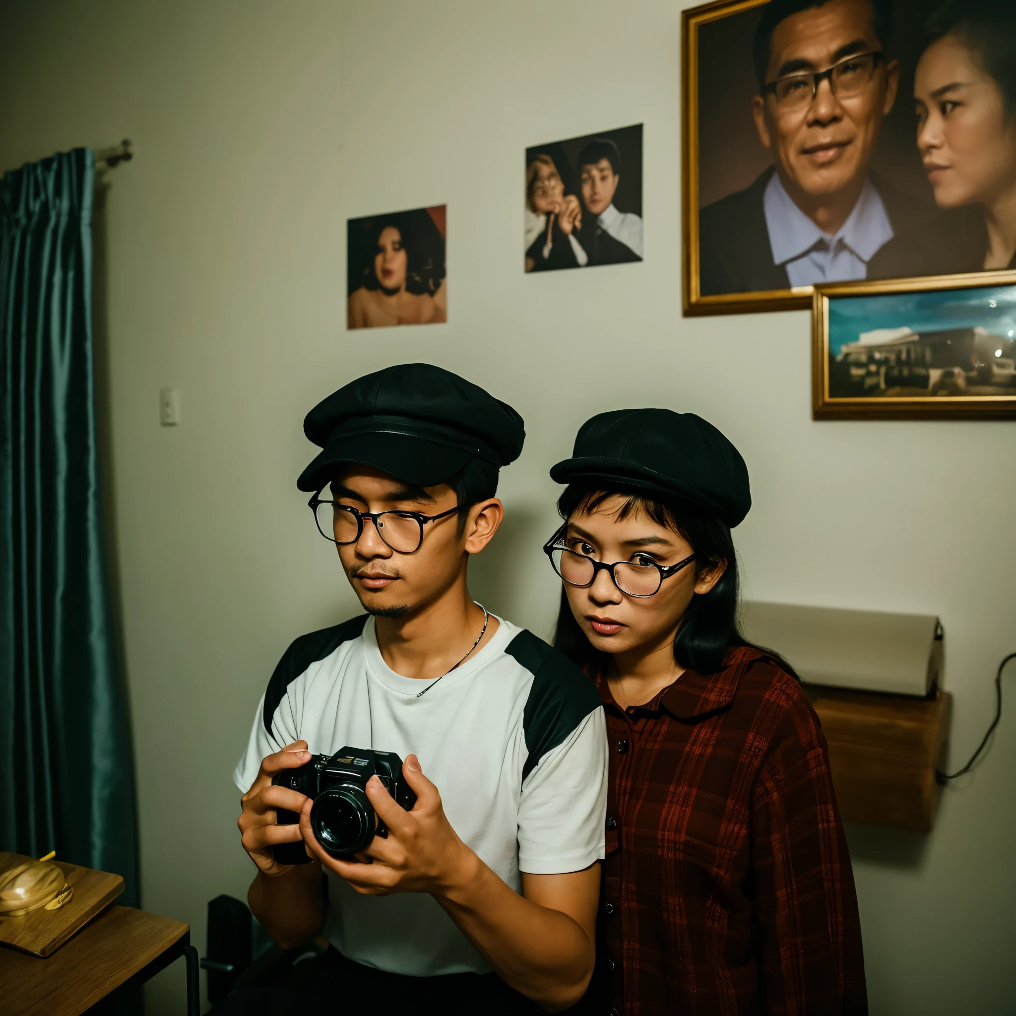 image of a 25 year old Indonesian husband and wife couple. oval face man.
wearing old school glasses, old hat, old school clothes, carrying an old school camera close to his face. woman holding plaque that says "BING IMAGE CREATOR" (with correct spelling). Realistic dark retro light old house room atmosphere. face straight facing the camera turns sharply. the face is very detailed.