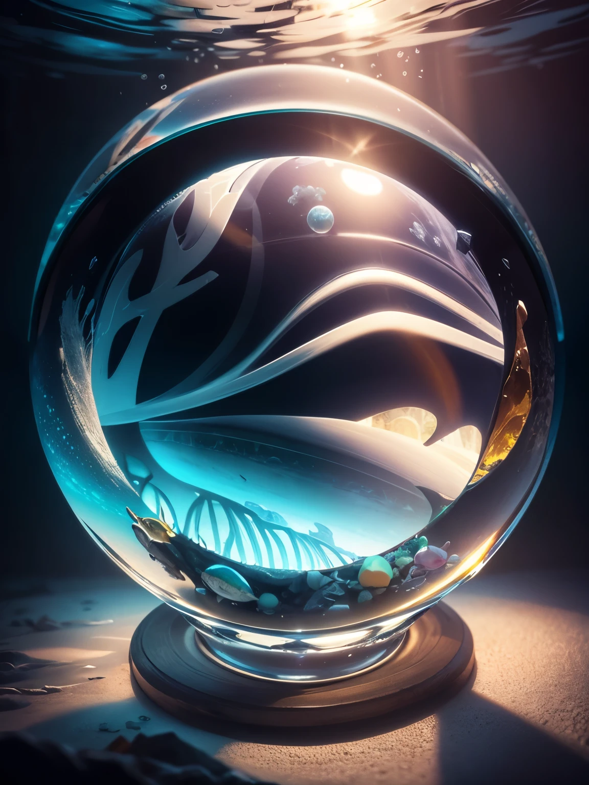 Ultra-realistic, 16K high resolution, (Max Sharp Focus: 1.3), (Max Close-up: 0.5), (Undersea dome trapped in a crystal perfect ball with pedestal: 1.7), (White sand, small fish and squid: 1.3)