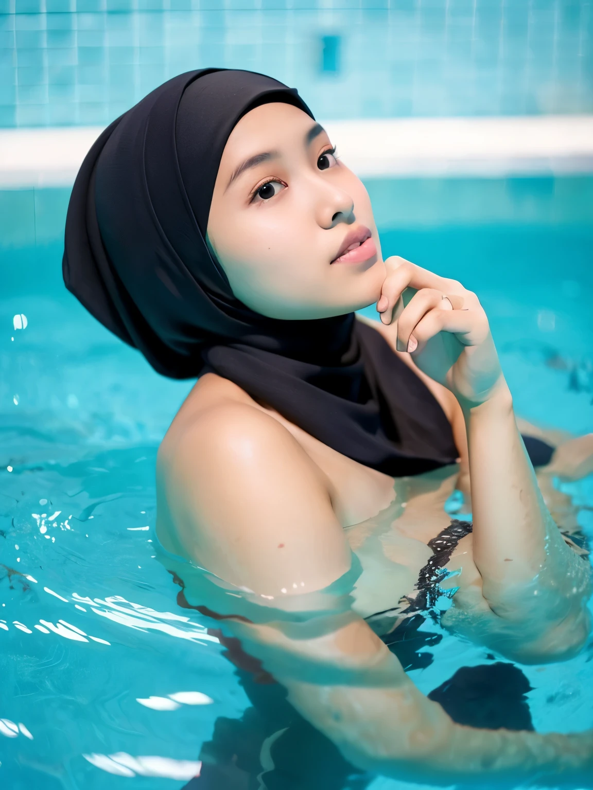 (half bodies), (((SHORT HIJAB MALAY GIRL))), masutepiece, High quality, UHD 32K, Realistic face, Realistic skin feeling , A Malay Lady, 8 , , Very cute and baby-like face, (((FLAT CHEST))), (MATRIX WORLD), ((looking up and open mouth)), (((real white wet slimy face))), (((CUTE GIRL))), ((BLACK LIPS)), ((white CREAMY)), (to the kneel). sweating body