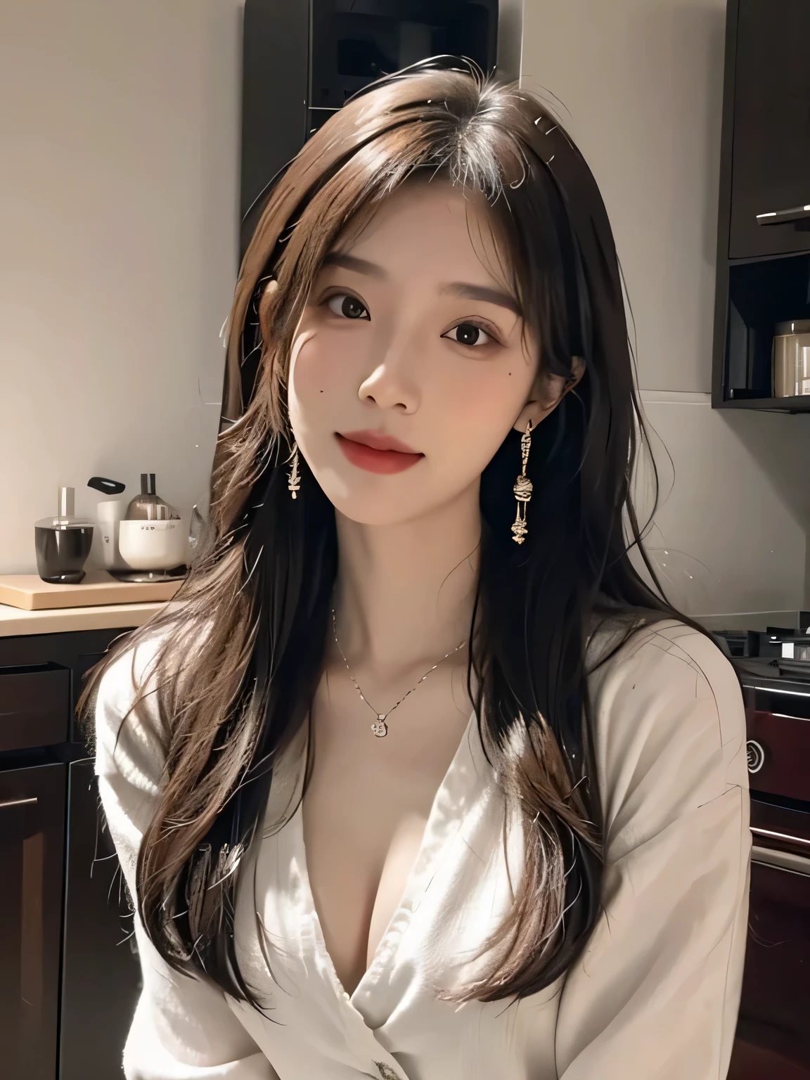 highest quality, masterpiece, 8k, ultra high resolution, (realistic: 1.4), 1 girl, beautiful face, symmetrical eyes, big, perfect body proportions, Detailed facial depiction, Detailed explanation of eyes, brown hair(long wavy hair),beautiful korean girl, 21 years old,naked apron、bare chest, because I&#39;thin, huge cleavage, sit with legs apart, smile, Colorful earrings, necklace,kitchen、