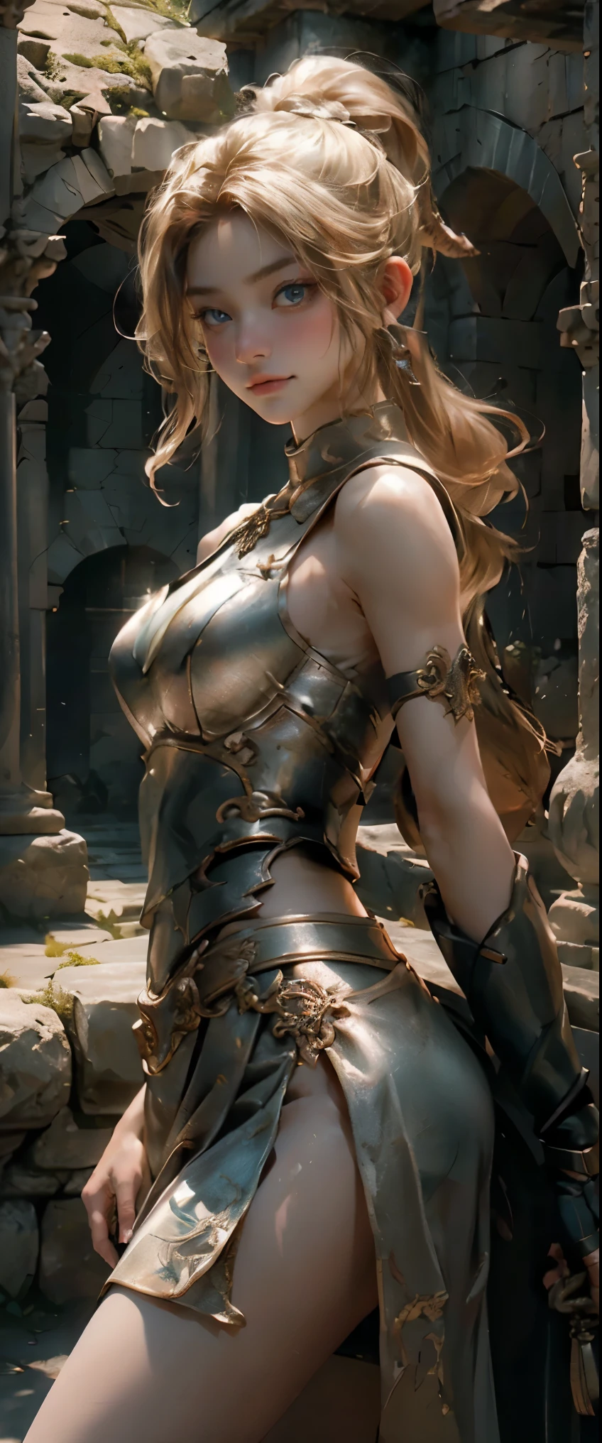 masterpiece、highest quality、超High resolution、realistic skin texture、leather armor、photorealistic、High resolution、Raw photo、shiny skin、realistic skin texture、best lighting、shine、dramatic lighting、dynamic pose、Background of Greek temples、Ancient Female Warrior、have a big sword、ancient arena、1girl、balanced eyes、pink armor、roman skirt plate、breastplate、cutting、Blonde long-haired、ponytail、Blue eyes、look at the audience、 big breasts、big ass、slight smile、Lock、