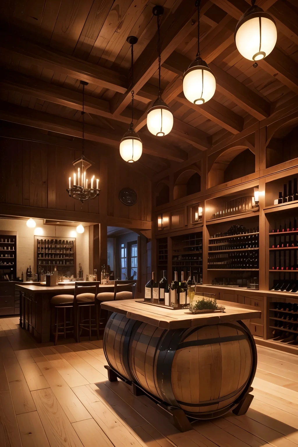 Amidst the cozy and sophisticated ambiance, a dark tone wine display stand proudly showcases an exquisite collection of wines. Several bottles, each with their unique labels glinting under the low-hanging lights, rest securely within the wooden racks. Nearby, an oak barrel, brimming with the promise of matured wines, adds an authentic touch to the scene.