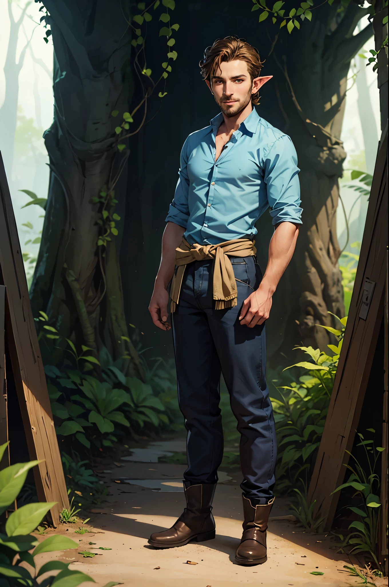Gnome male, handsome, 30 years old, curly hair, pointed ears, square face, ((full body)), stocky, tanned, beardless, colorful red and blue gypsy clothing, shirt unbuttoned to waist, pantaloons, short boots, in a green forest. looking at viewer, slight smile, watercolor illustration, dramatic lighting, (depth of field), ((masterpiece)), ((best quality)), ((highly detailed))