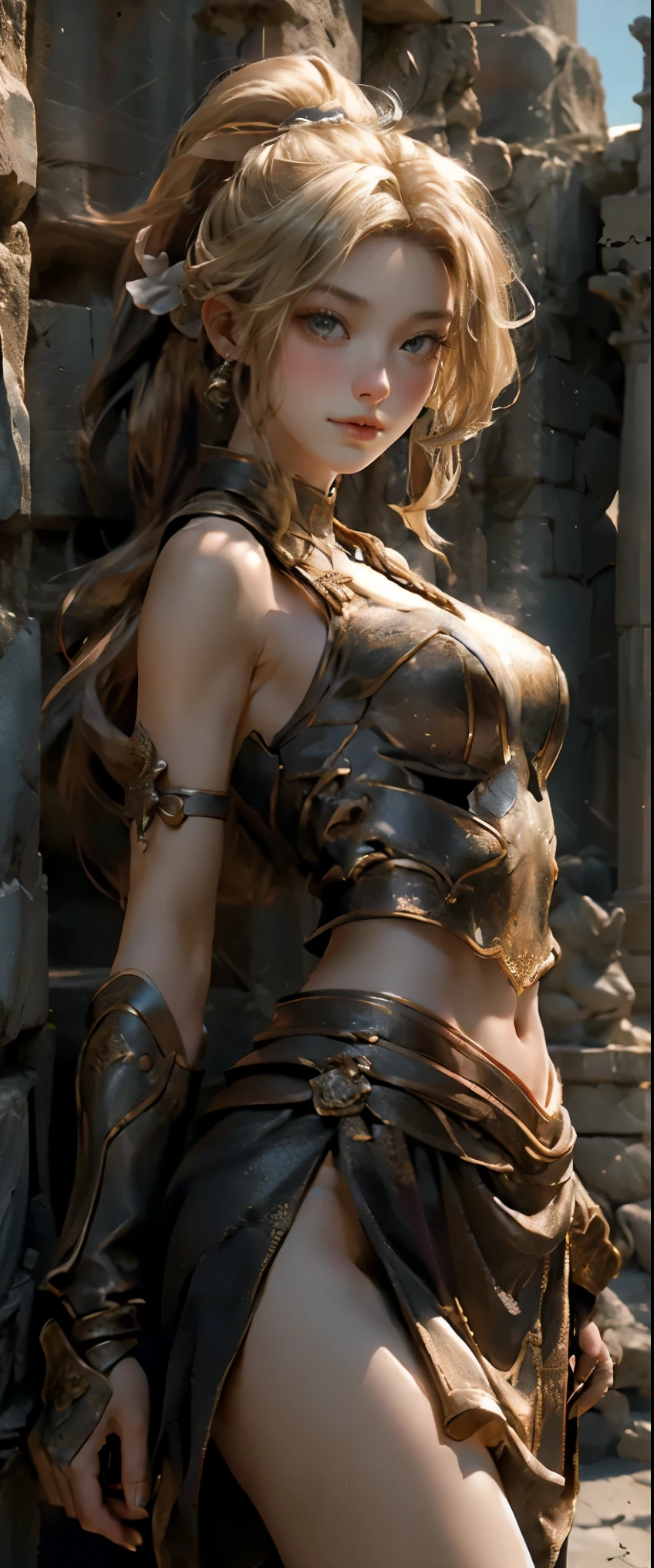 masterpiece、highest quality、超High resolution、realistic skin texture、leather armor、photorealistic、High resolution、Raw photo、shiny skin、realistic skin texture、best lighting、shine、dramatic lighting、dynamic pose、Background of Greek temples、Ancient Female Warrior、have a big sword、ancient arena、1girl、balanced eyes、pink armor、roman skirt plate、breastplate、cutting、Blonde long-haired、ponytail、Blue eyes、look at the audience、 big breasts、big ass、slight smile、Lock、