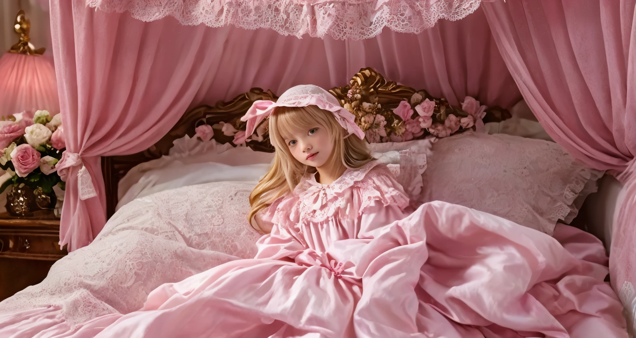 ,highest quality, masterpiece, highest resolution, artwork, super それにget used to it, many get used to it, get used to it, それにget used to it, 3K ultra-high resolution photo,(( girl)),Super detailed baby face,hty small face,long blonde hair that grows to the waist,blue eyes,白い肌のeuropean,pajamas, european,(((super long blonde hair))),curly hair,blue eyes,pajamas,nightwear,((((pink nightgown)))),((フリルとリボンがたっぷりついたpink nightgown)),((1920 style nightgowns)),((Luxurious victorian baby hat with ruffles and ribbons)),victorian nightgowns,(((Yoke collar that completely covers the neck and shoulders))),Yoke collar with ruffles and ribbons,((Long sleeves that cover the entire arm)),ruffle sleeves,A long skirt that completely covers your legs,((The whole body is reflected)),white ruffle and lace socks,large frill and ribbon pillow,detailed costume,ピンクの贅沢なcanopy bedの上,canopy bed,The bed is surrounded by luxurious curtains,many frilly pillows on the bed,super detailed background,detailed bed,romantic atmosphere,hug a big pink pillow,((((Both legs are hidden under the skirt)))),The skirt of the nightgown is spread out on the bed,soft pink comforter,soft ruffle pillow,Beautiful girl illustration,detailed beautiful face detailed hair,detailed human eye ,detailed mouth, arm details,fine hands,Detailed pillow,on a big, wide bed,photo shoot in bed,leaning on the pillow,