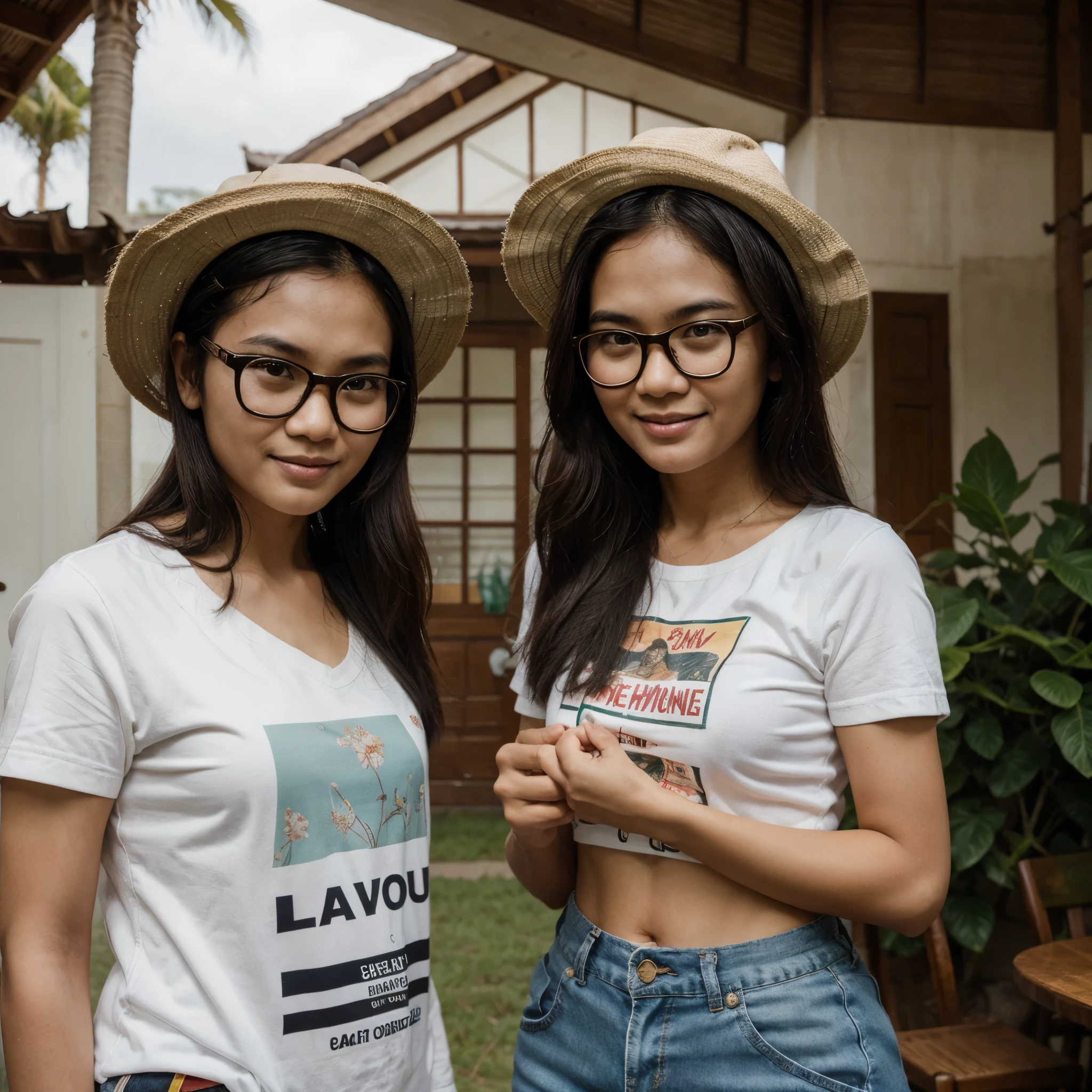 picture of 2 Indonesian people
Indonesian husband and wife couple aged 25 years. oval-faced man.
wearing old school glasses, old hat, old school clothes, carrying an old school camera close to his face. woman holding a placard that says "BING IMAGE CREATOR" (with the correct spelling). Realistic light retro dark old house room atmosphere. straight face facing the camera smiling. his face is very detailed.