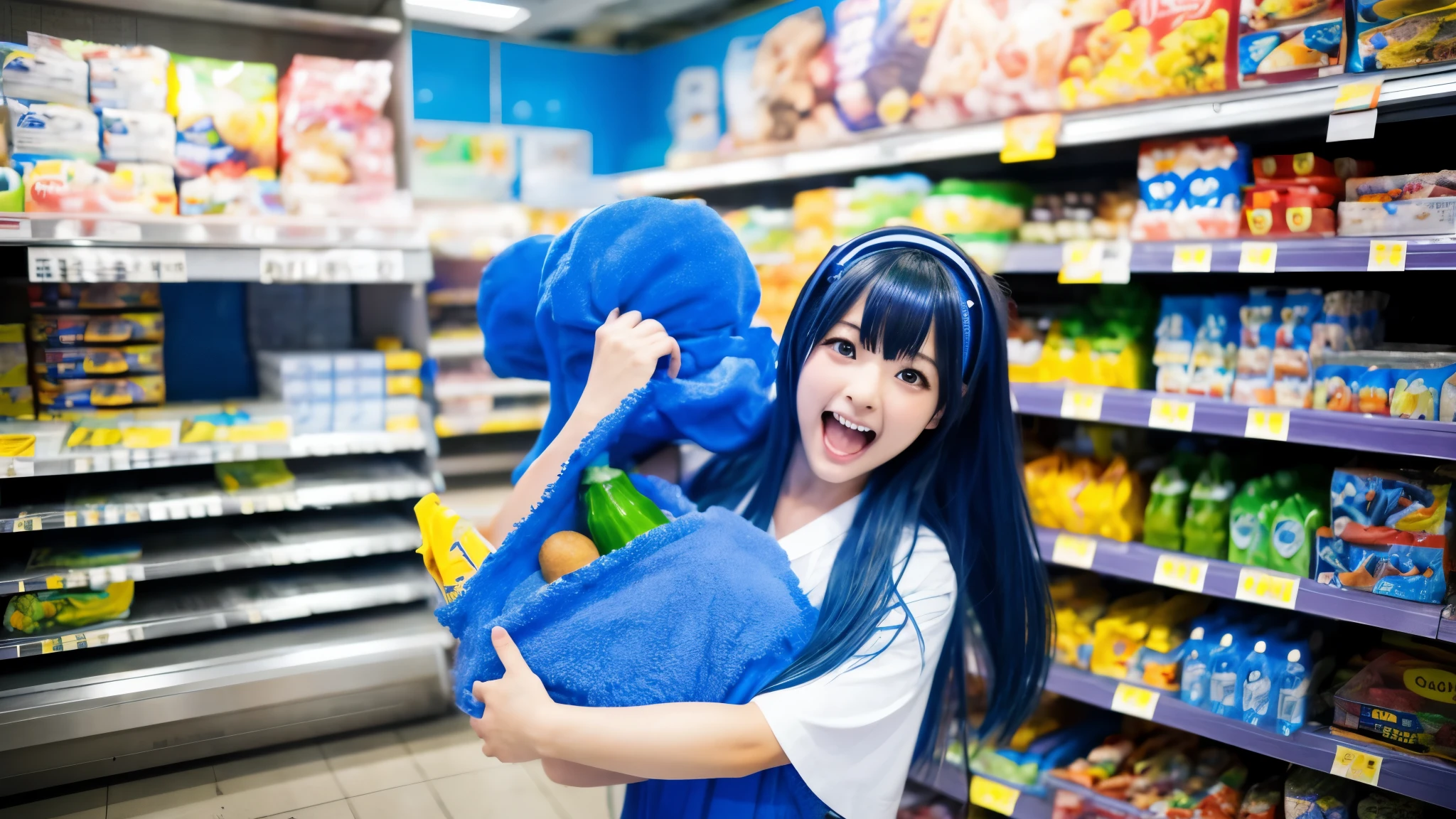 The full body of a Japanese female idol wearing a blue costume screaming loudly in the frozen food section of a Japanese supermarket.