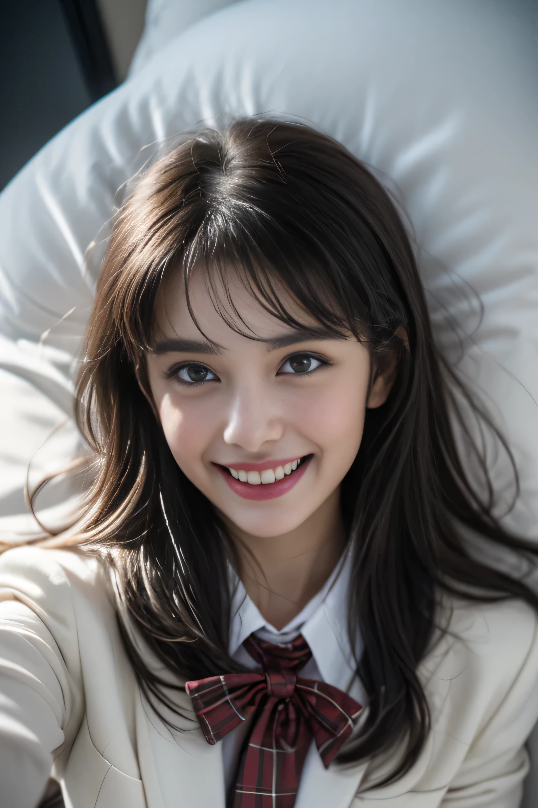 ((girl lying on the bed)),(surreal)、(enlightenment)、(High resolution)、(8k)、(非常にbe familiar with)、(Best Illustration)、(detailed and beautiful eyes)、(highest quality)、(超be familiar with)、(masterpiece)、(wall-)、(detailed face)、alone、1 girl、looking at the viewer、be familiar with、detailed face、in the dark night、deep shadow、discreet key、Pure erotic face ace_v1、laughter、length、black shawl straight hair、46 point diagonal bangs,Female student、(white blazer chest measurement)、translucent white blouse、red bow tie、( in bright colors,plaid)、laughter,